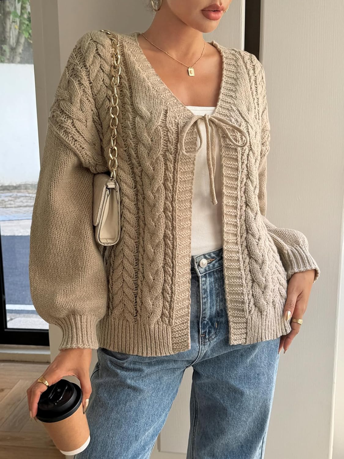 Saodimallsu Womens Tie Front Cardigan Sweaters Cable Knit V Neck Lantern Long Sleeve Casual Loose Sweater Coats - Image 2