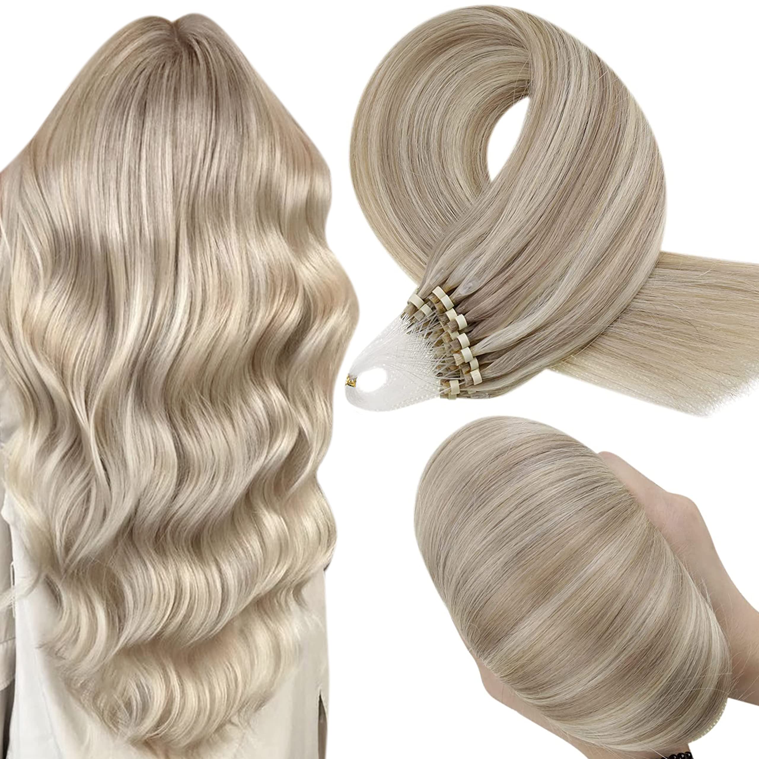 HETTOMicro Loop Hair Extensions Human Hair Micro Ring Hair Extensions Natural Micro Link Hair Extensions #17/23 Dirty Blonde Highlight Golden Blonde 18 Inch 50 Strands 50g