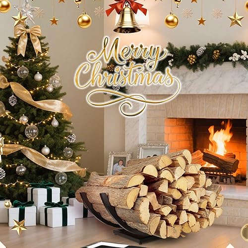 Miniatura 2 de JUNSHUO Estante curvado para leña (30 pulgadasnegro) resistente soporte de leña pequeño para chimenea, estante de troncos para interiores y