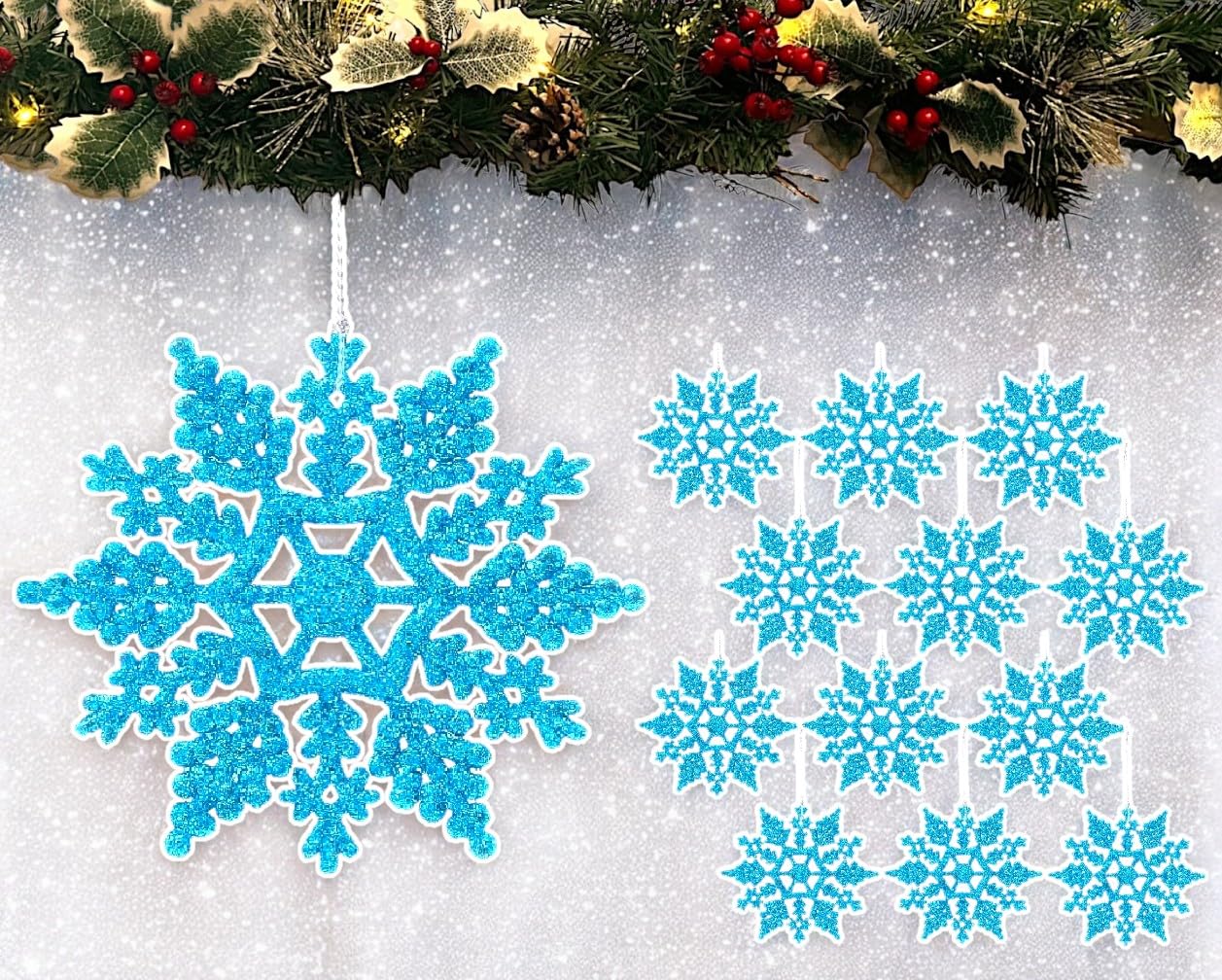 Simply Products Turquoise 12Pk Glitter Snowflake Hanging Decorations, Christmas Tree Snowflake Baubles/Ornaments (Turquoise)