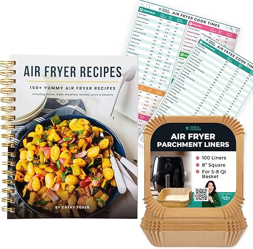 Cathy Yoder's Pine & Pepper - Libro de cocina para freidora de aire, hoja de trucos magnética para freidora de aire y forros para freidora de aire,