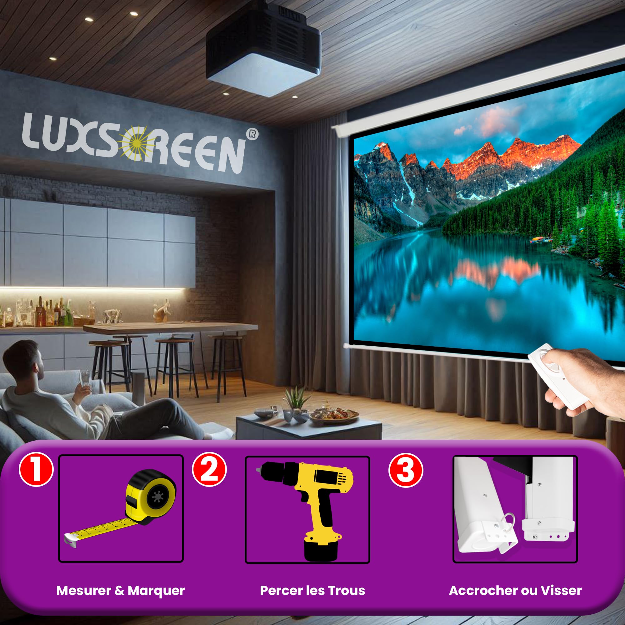 Écran de Projection motorisé Luxscreen de 112 Pouces. Dimensions du Tissu : 1,97 x 1,97 m. Boîtier en Acier de 2,23 m. Tissu Blanc Mat avec Gain de Brillance 1.1. Télécommande Incluse.