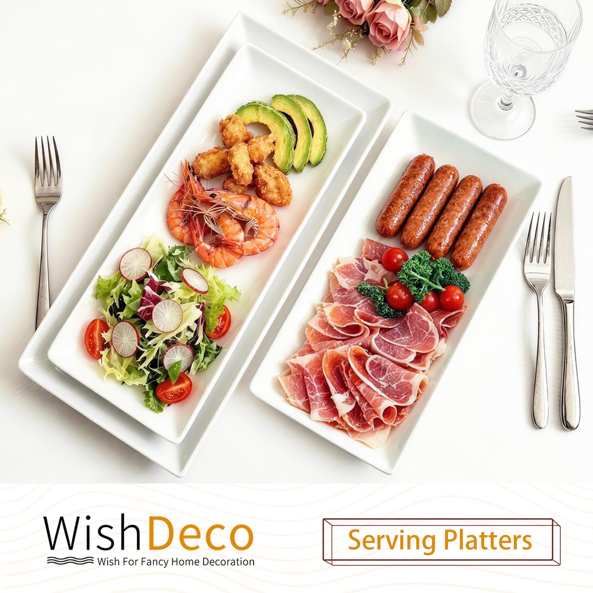 WishDeco Set di 3 piatti da portata in ceramica, piatti rettangolari bianchi da 40/35/30 cm, grandi vassoi da portata da 40/35/30,5 cm, piatti da portata in porcellana, piatti da portata per dessert