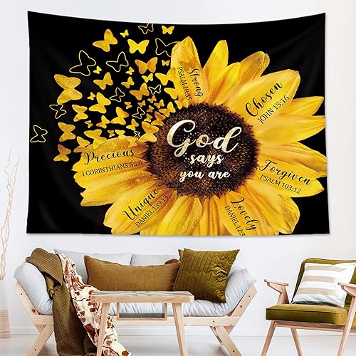Miniatura 6 de AMBZEK Tapiz de girasol negro amarillo de 51 pulgadas de alto x 59 pulgadas de ancho, versículo de la Biblia, citas de niñas y mujeres, mariposa