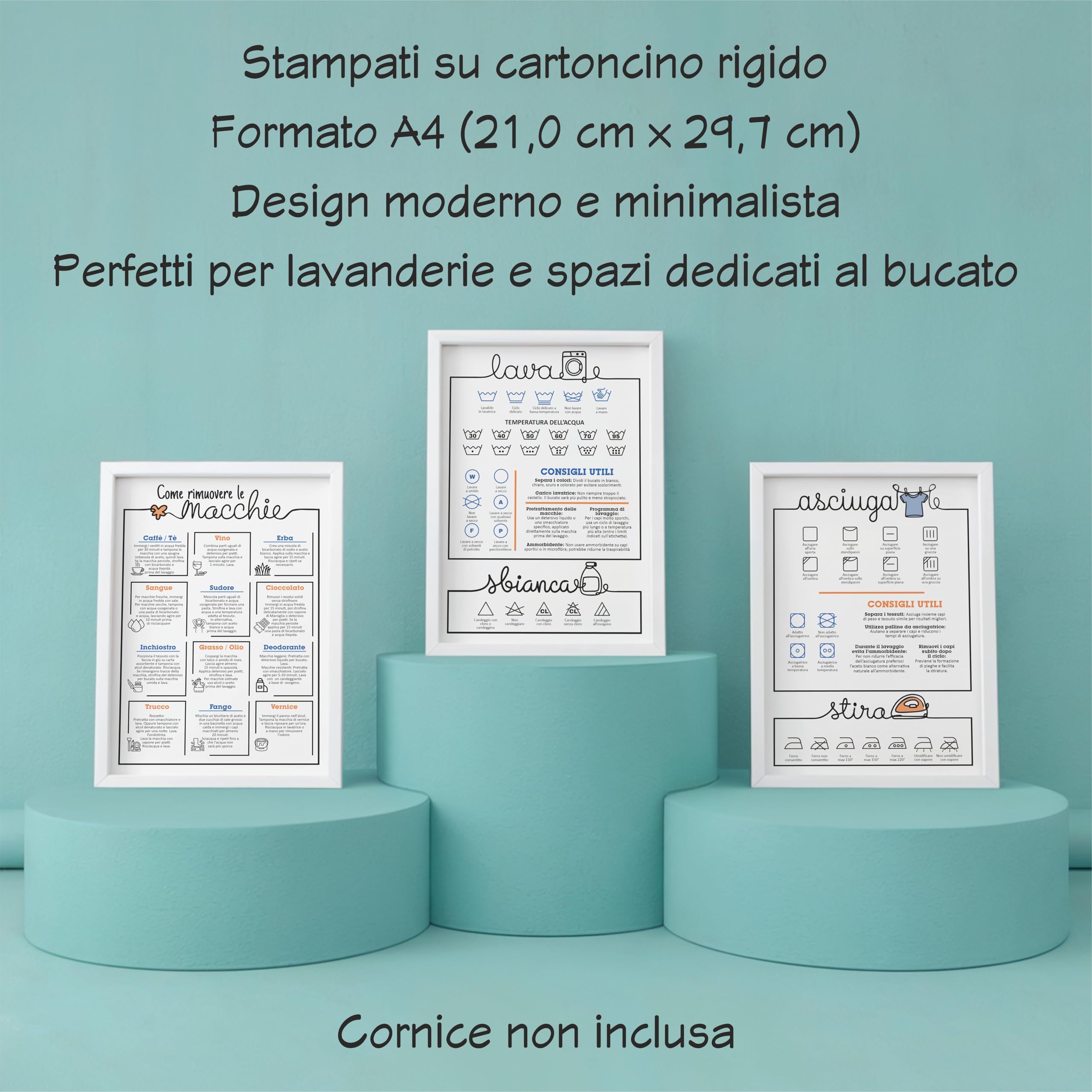 GHIBLI Set di 3 Poster per Lavanderia in italiano. Quadri Guida al Lavaggio, Asciugatura e Smacchiatura. Quadretto Decorazione Bagno, Lavatrice, Rimuovi Macchie, Stampa Simboli Lavaggio, Cura Vestiti