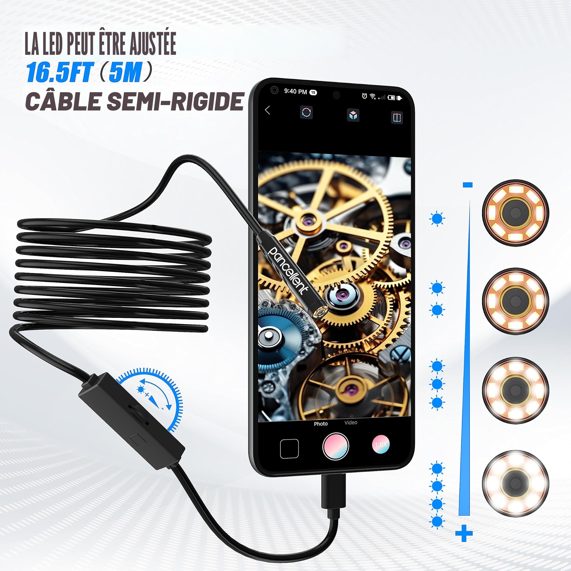 Endoscopique d'inspection Serpent Double Objectif 1920P, Endoscopique Pancellent Type C, Caméra avec 8 Lumières LED pour Smartphone Android et iOS, IPhone, IPad, Samsung (5 M)