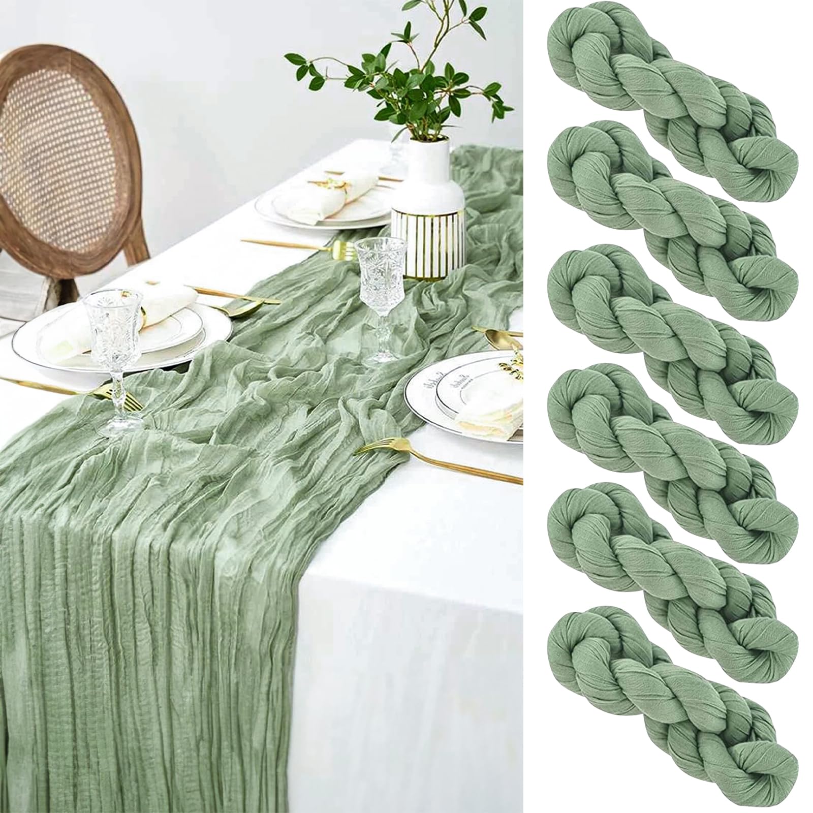 Bieżnik na stół, 6 szt., zielone chusty serowe, bieżnik na stół, muślin, styl boho, rustykalny bieżnik na stół na wesele, urodziny, dekoracja 90 x 300 cm