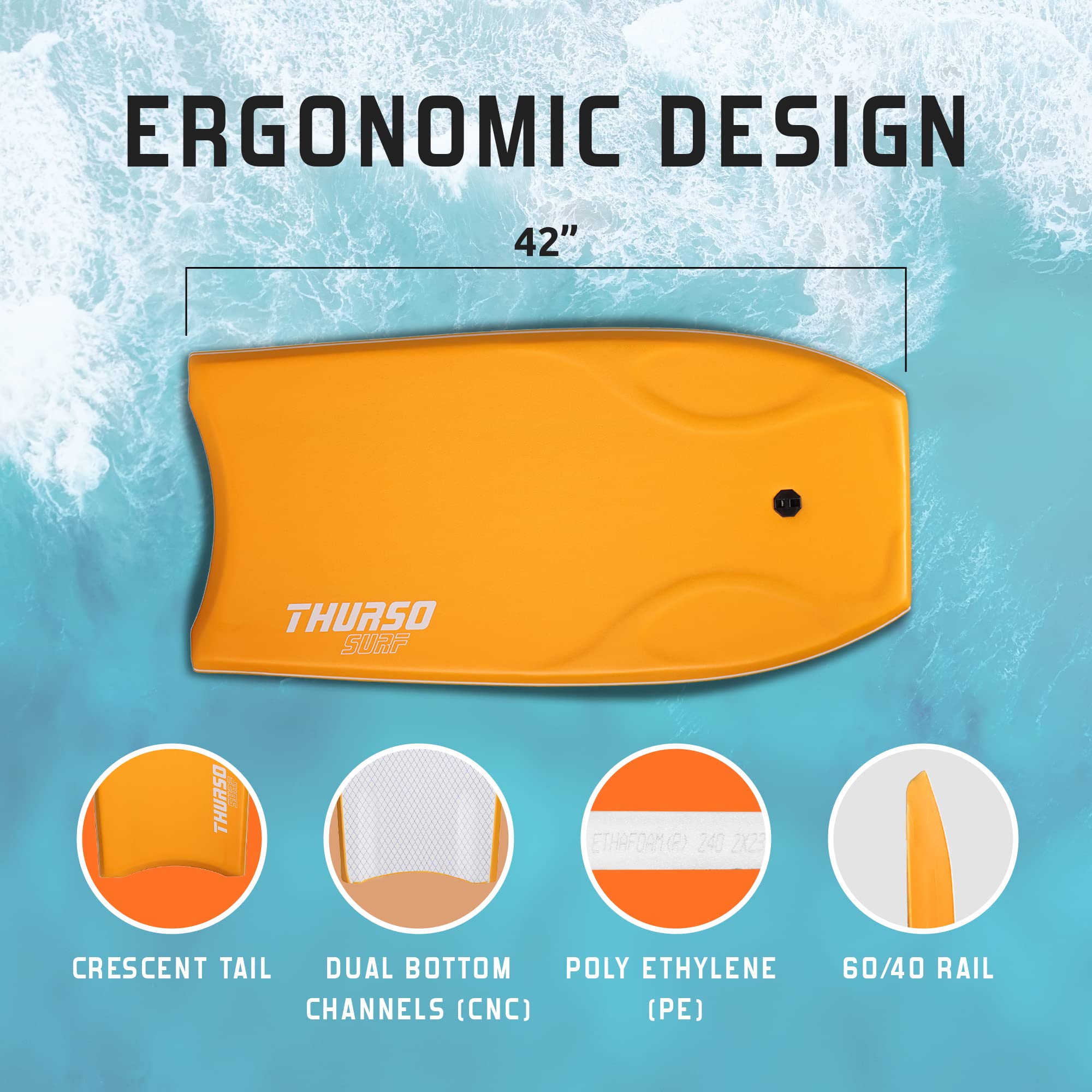 THURSO SURF 42 "Ligero PE Core IXPE Bodyboard Cubierta HDPE Slick Parte Inferior Incluye Pro Doble Giratorio Bodyboard Leash y Lux Bodyboard Bolsa, Tangerine