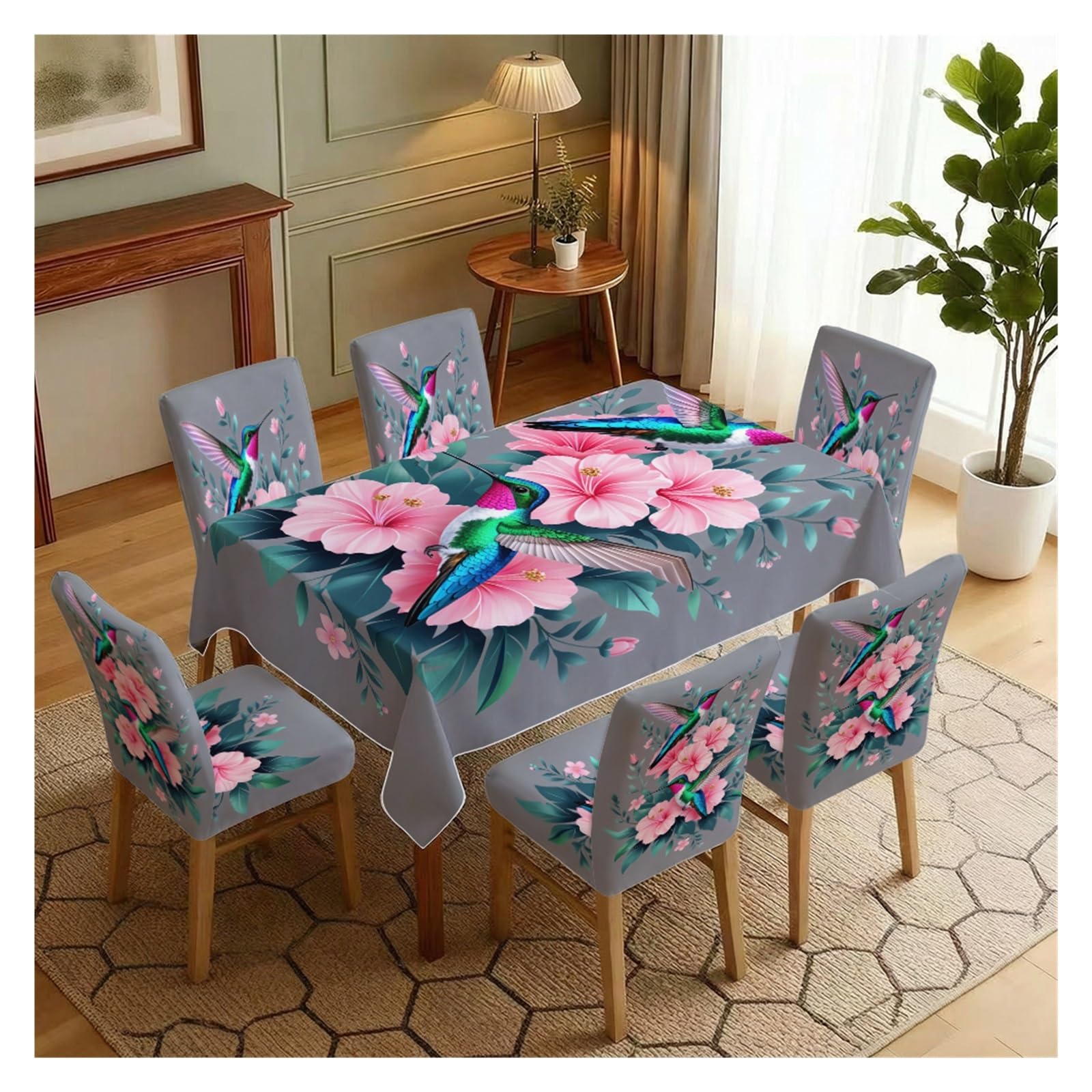 KXUAUV Stretch Dining Chair Slipcover & Tablecloth Set, Grey Base Pink Flower Hummingbird Print, 5/7 Pack, Luxury Elegant Home Decor Party Decor(7pcs Set: Tablecloth+Chair Covers)