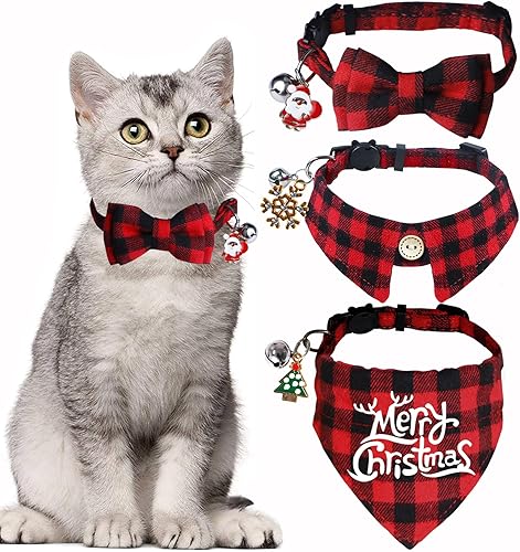 STMK Paquete de 3 collares de gato de Navidad con campana, collares de gato de Navidad con corbatín, bandana, camisa, campana, árbol de Navidad,