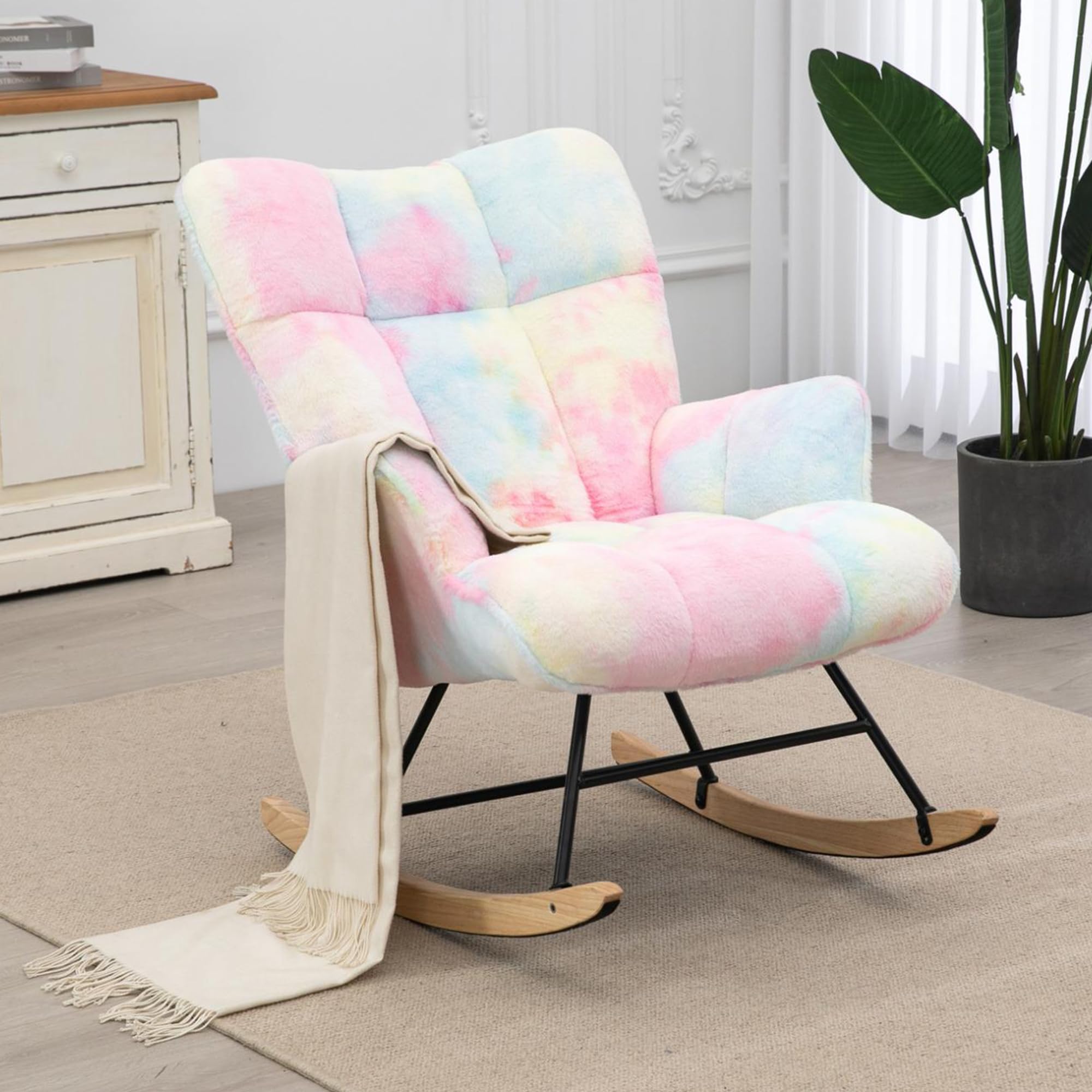 Aunekiv Rocking Chair for Nursery Teddy Upholstered Glider Nursing Chair for Adults Comfy Rocking Armchair Indoor for Living Room Bedroom,Colorful