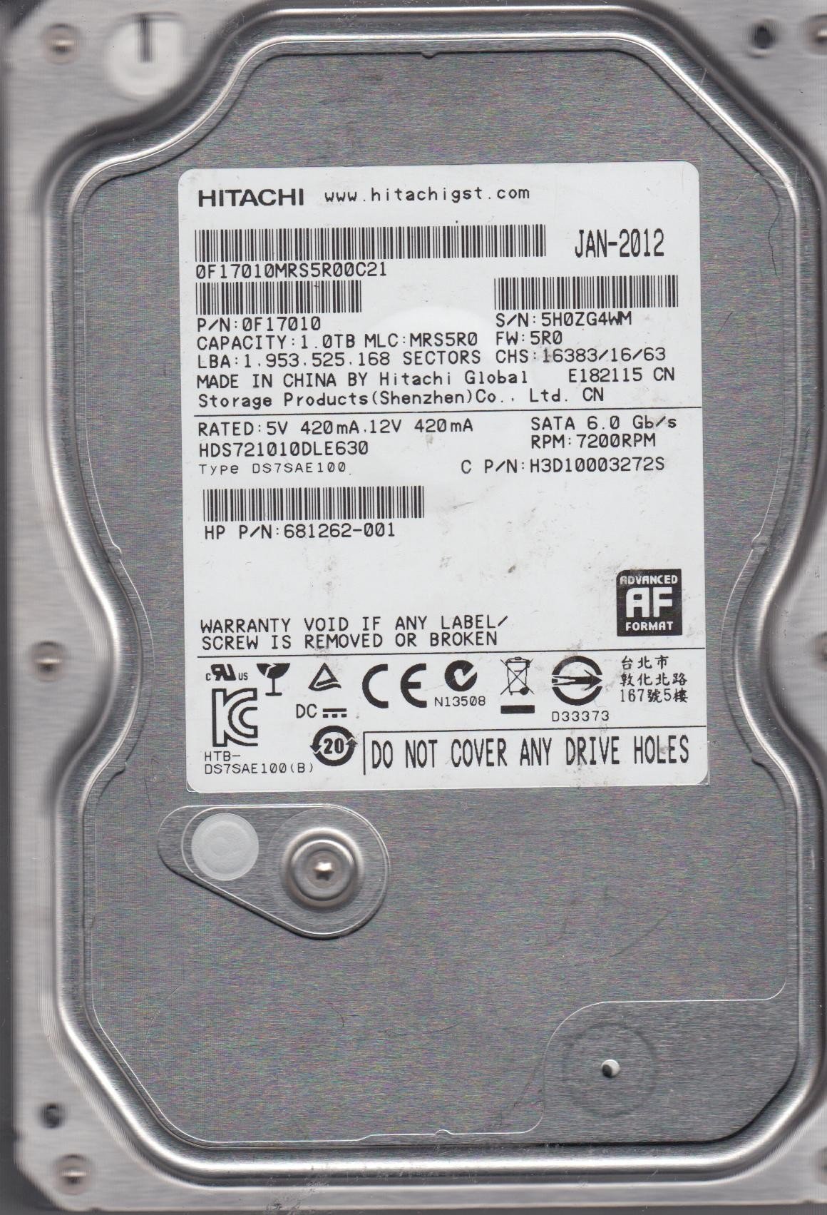内蔵型ハードディスクドライブ Hitachi/HGST HDS721010DLE630