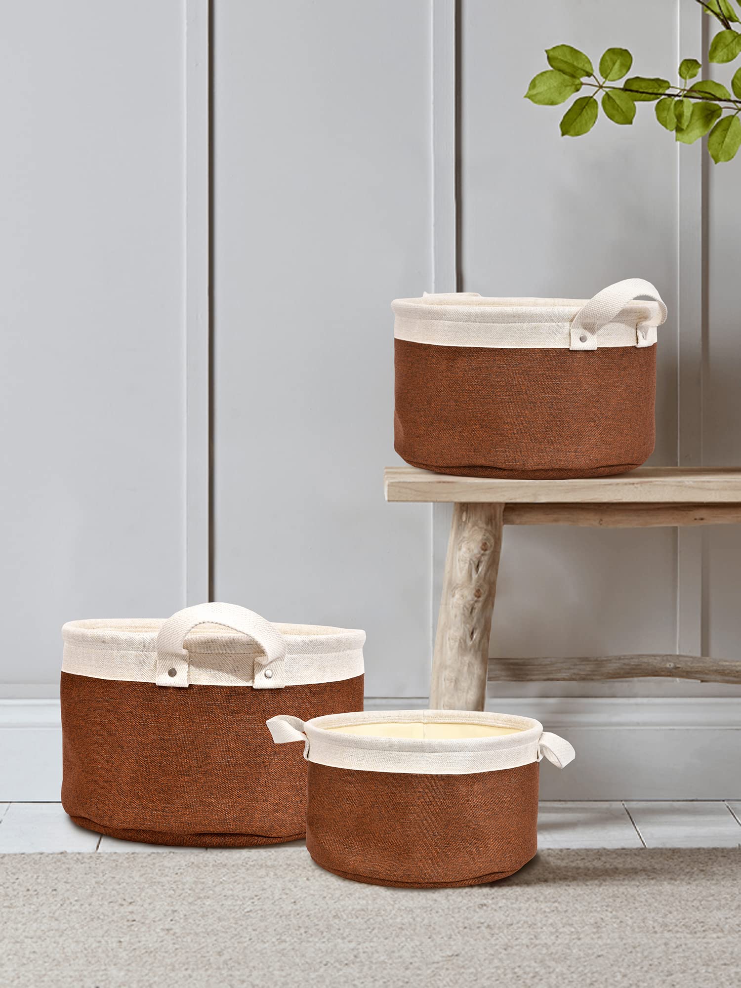 Clasiko Eco-Friendly Baskets For Storage (Set of 3); Round; Multi Utility Storage Organizer; Tan Brown & Off White(Jute)