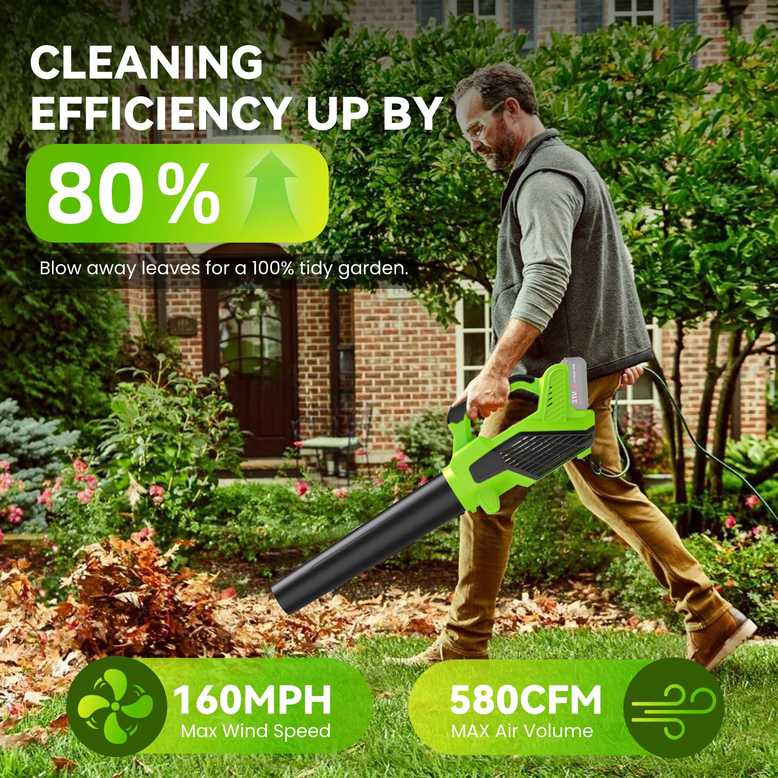 Soplador de batería de 21 V, soplador de hojas inalámbrico con batería de 2 x 4,0 Ah, 6 velocidades, soplador eléctrico sin escobillas para mantenimiento del jardín, pasillo, hojas, polvo y nieve