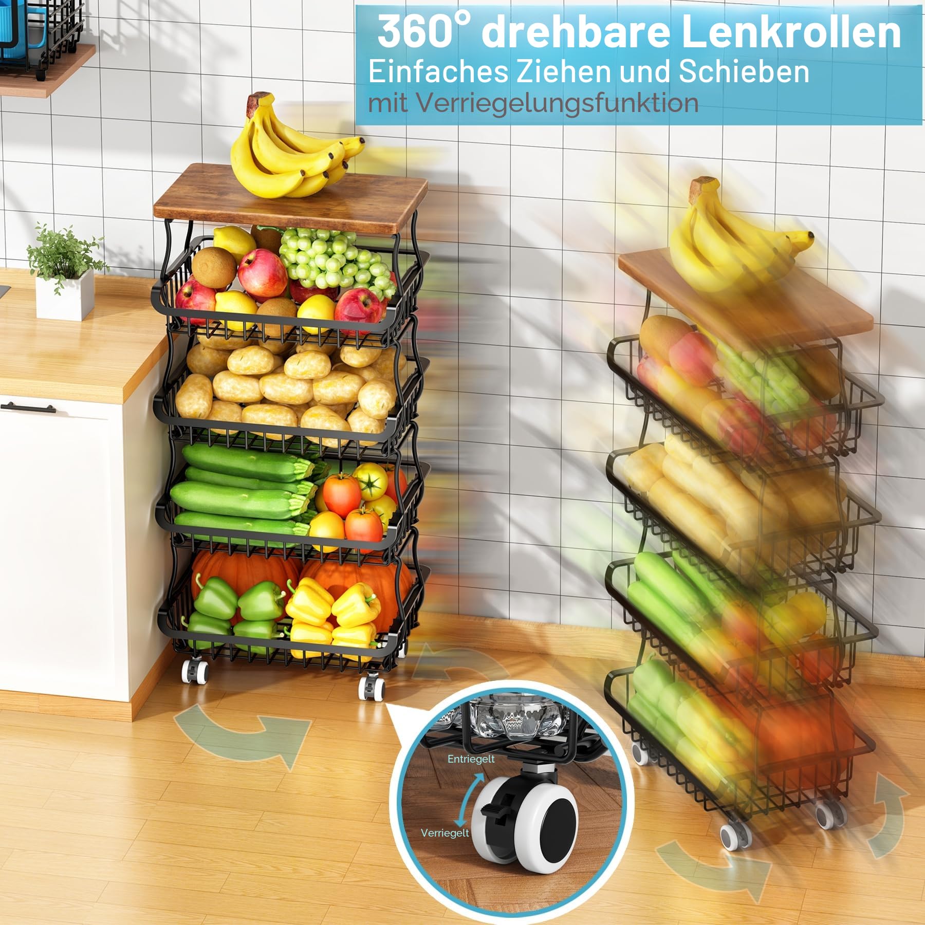 5 Stöckiger Obst und Gemüsekorb mit Rollen Gemüseregal Stapelbarer Metall-Aufbewahrungswagen für Küche Vorrat Bad Wohnzimmer Kitchen Organizer Trolley Korbregal vorratsregal speisekammer