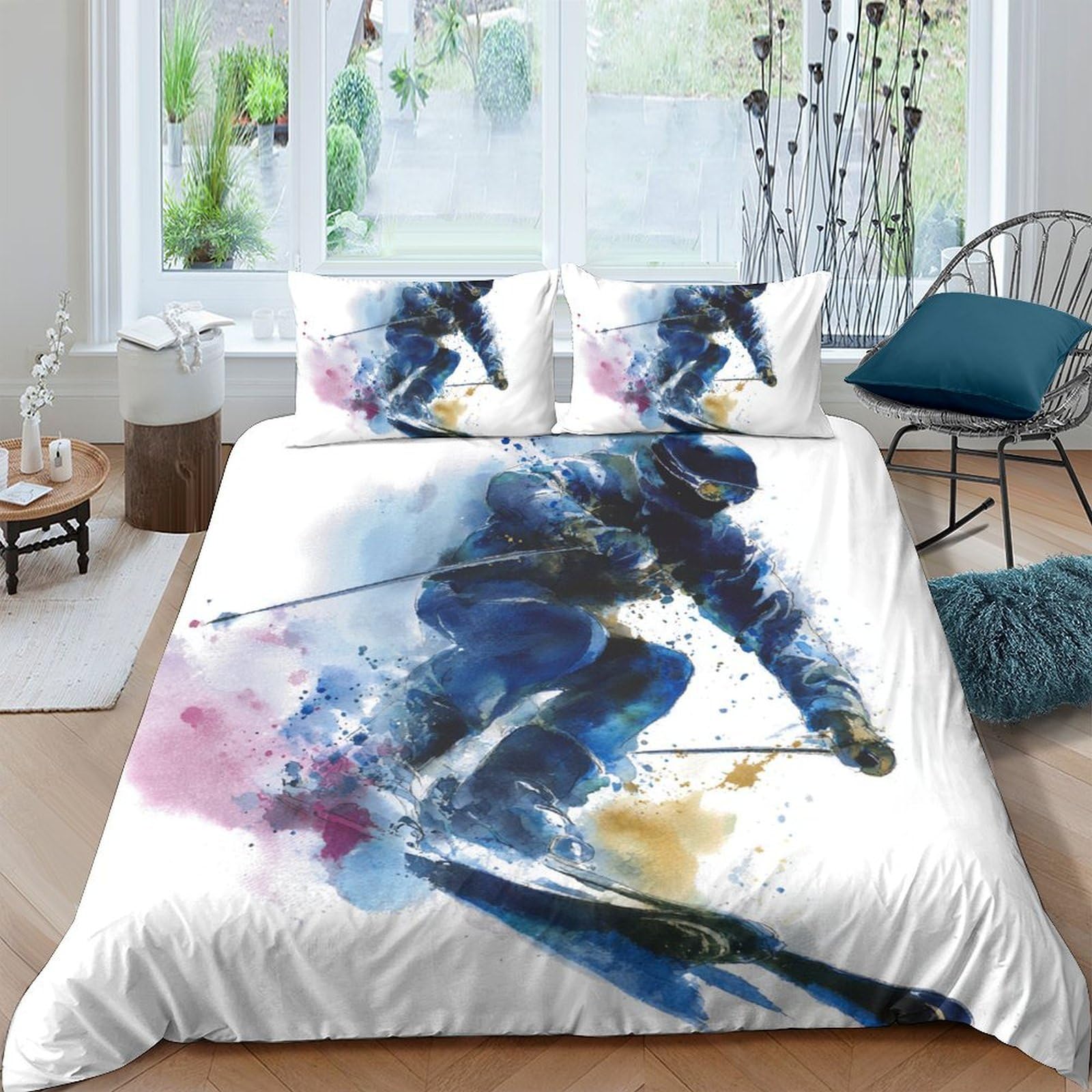 Ctjqhvkz Style-6 3D Printed Skiing Art Fitted Sheet Microfiber Soft Breathable Watercolor Mattress Cover For Bedroom Dorm Decor Single（135X200cm）