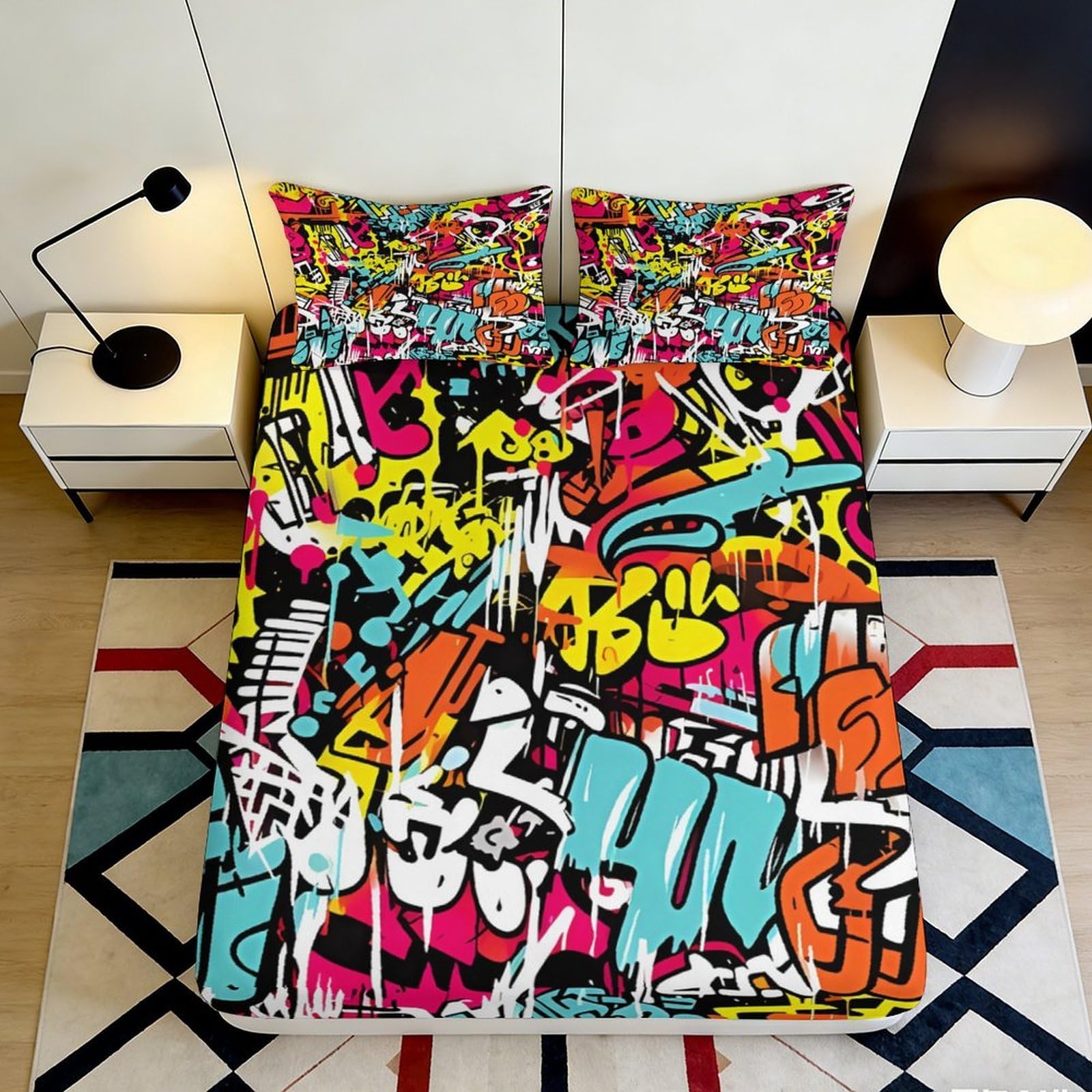 3D Printed Graffiti Art Fitted Sheet Microfiber Colourful Urban Mattress Cover for Bedroom Dorm Decor Protection 90x200x25cm