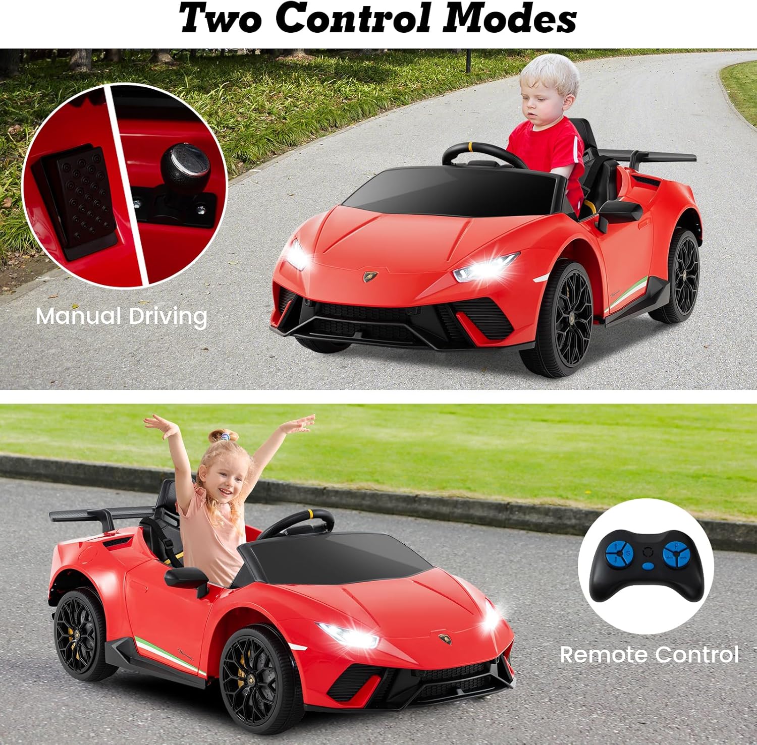 Licensed Lamborghini Huracan Ride on Car by OLAKIDS, 12V Kids Electric Vehicle with Remote Control, Toddlers Battery Powered Toy with 2 Speeds, Wheels Suspension, Music, Bluetooth, USB, FM (Red)