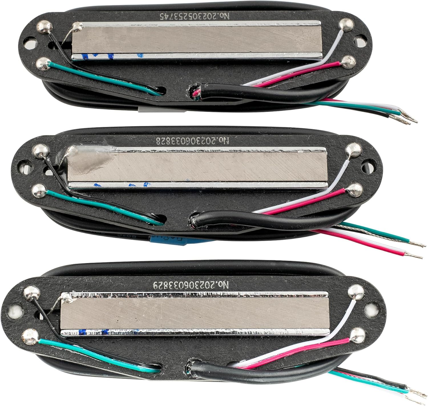 Musiclily Pro ST-DPMA Alnico 5 Dual Single Coil Sized Humbucker Super Distortion Neck Middle Bridge Pickups Set for Strat Style Electric Guitar, Black Body Chrome Rail