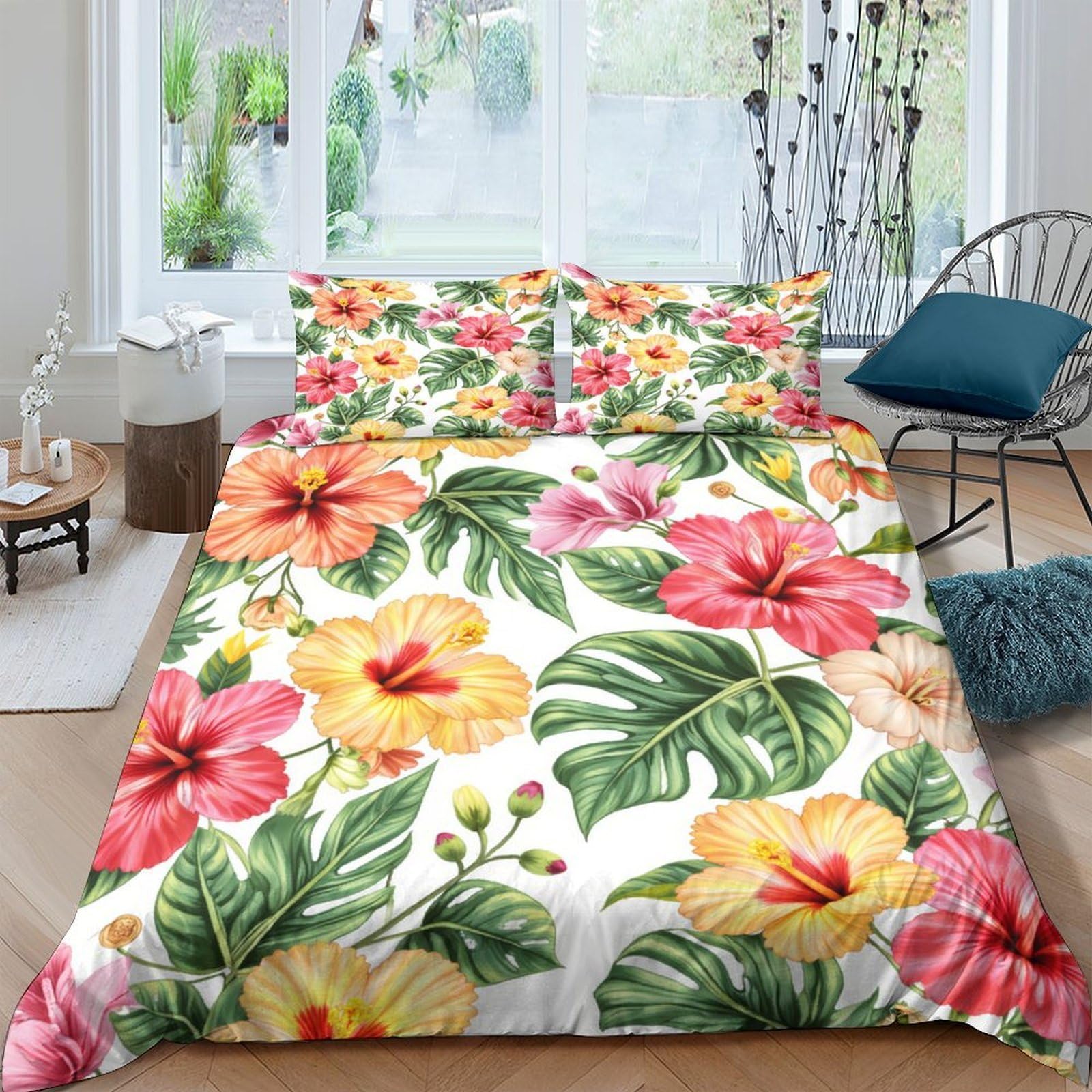 Ctjqhvkz Style-6 3D Printed Tropical Hibiscus Fitted Sheet Microfiber Soft Floral Palm Bed Cover For Bedroom Guest Room Decor Easy Care Single（135X200cm）