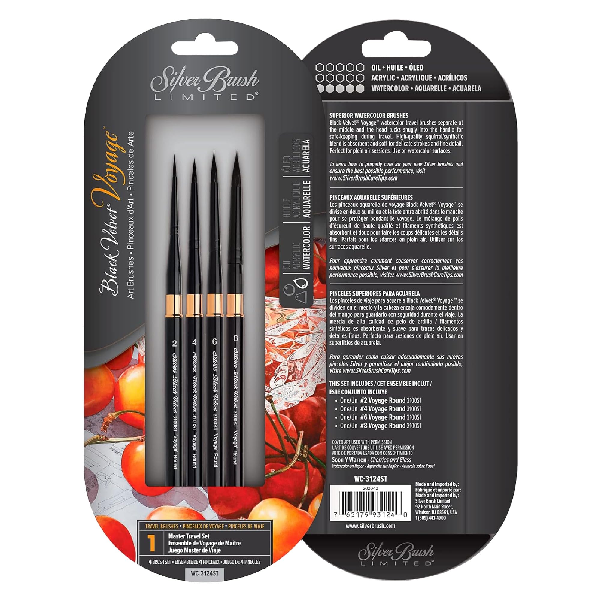 Silver Brush Limited - Assortiment de 4 pinceaux de Voyage pour l'aquarelle WC-3124ST Black Velvet - Tailles 2, 4, 6, 8