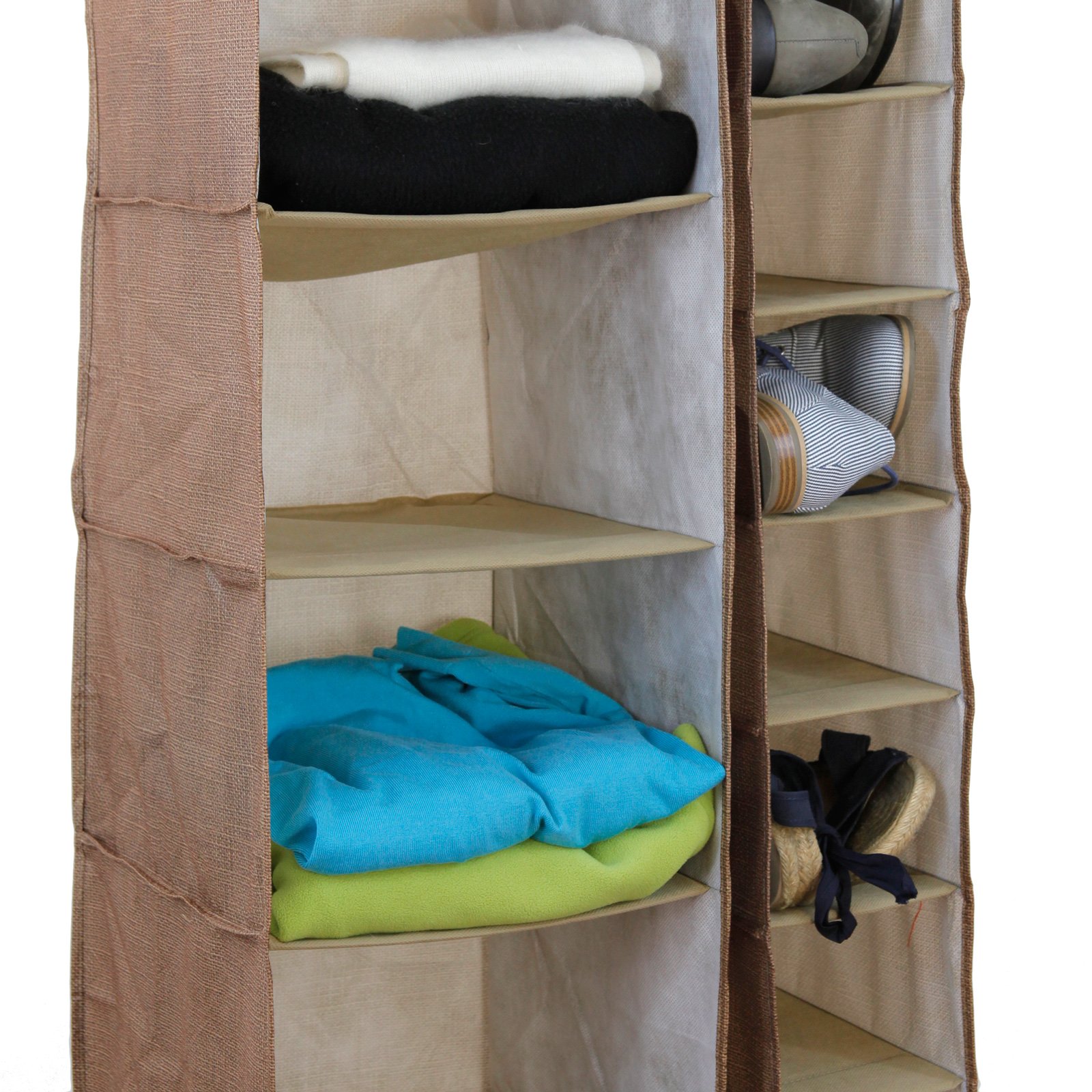 Set of 2 - Hanging Closet Organizer Shelves Shoes Sweaters Purses (Brown Linen)