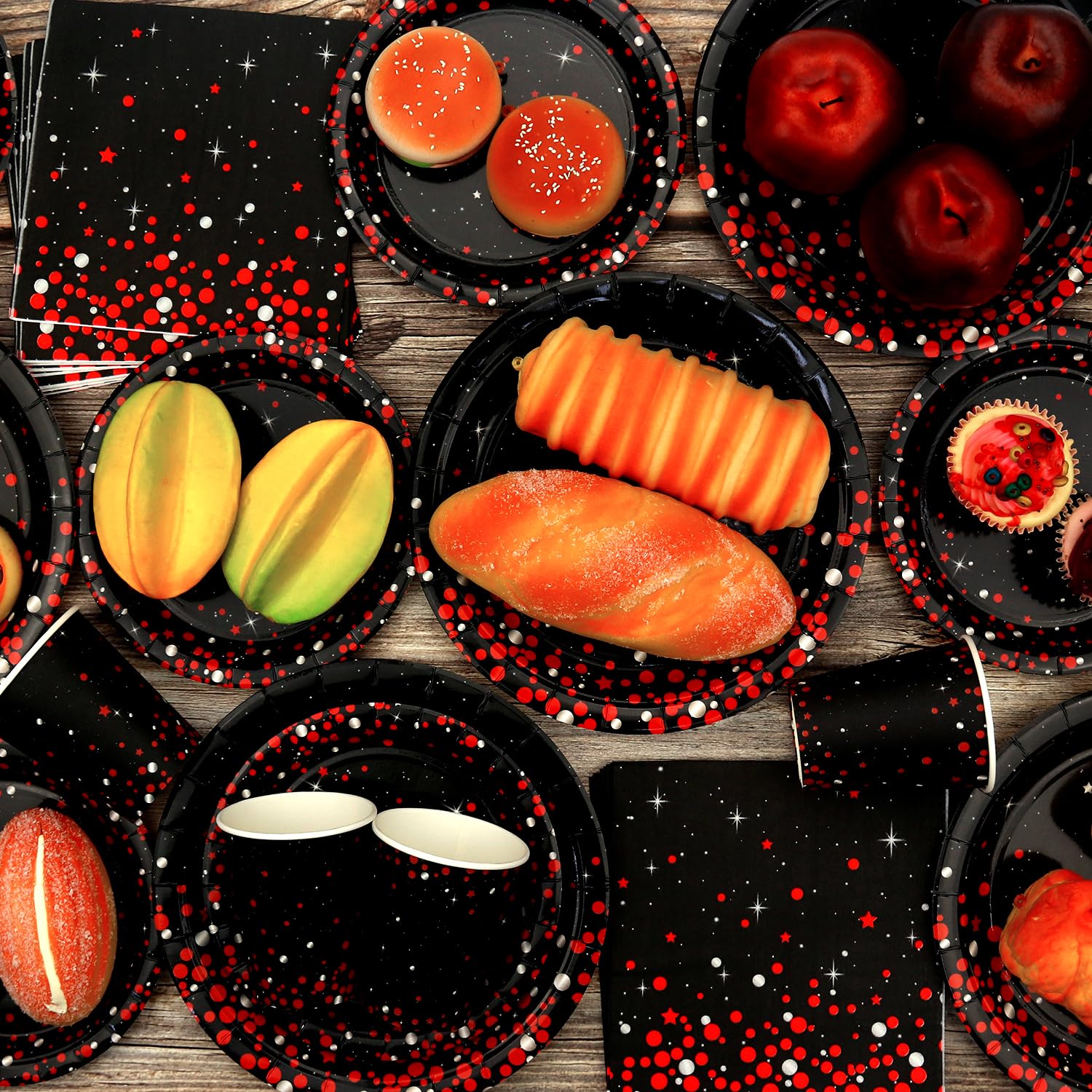 Decorazione per feste rosso e nero - Stoviglie di compleanno rosso e nero con piatti, bicchieri, tovaglioli, tovaglie, cannucce - per 20 persone