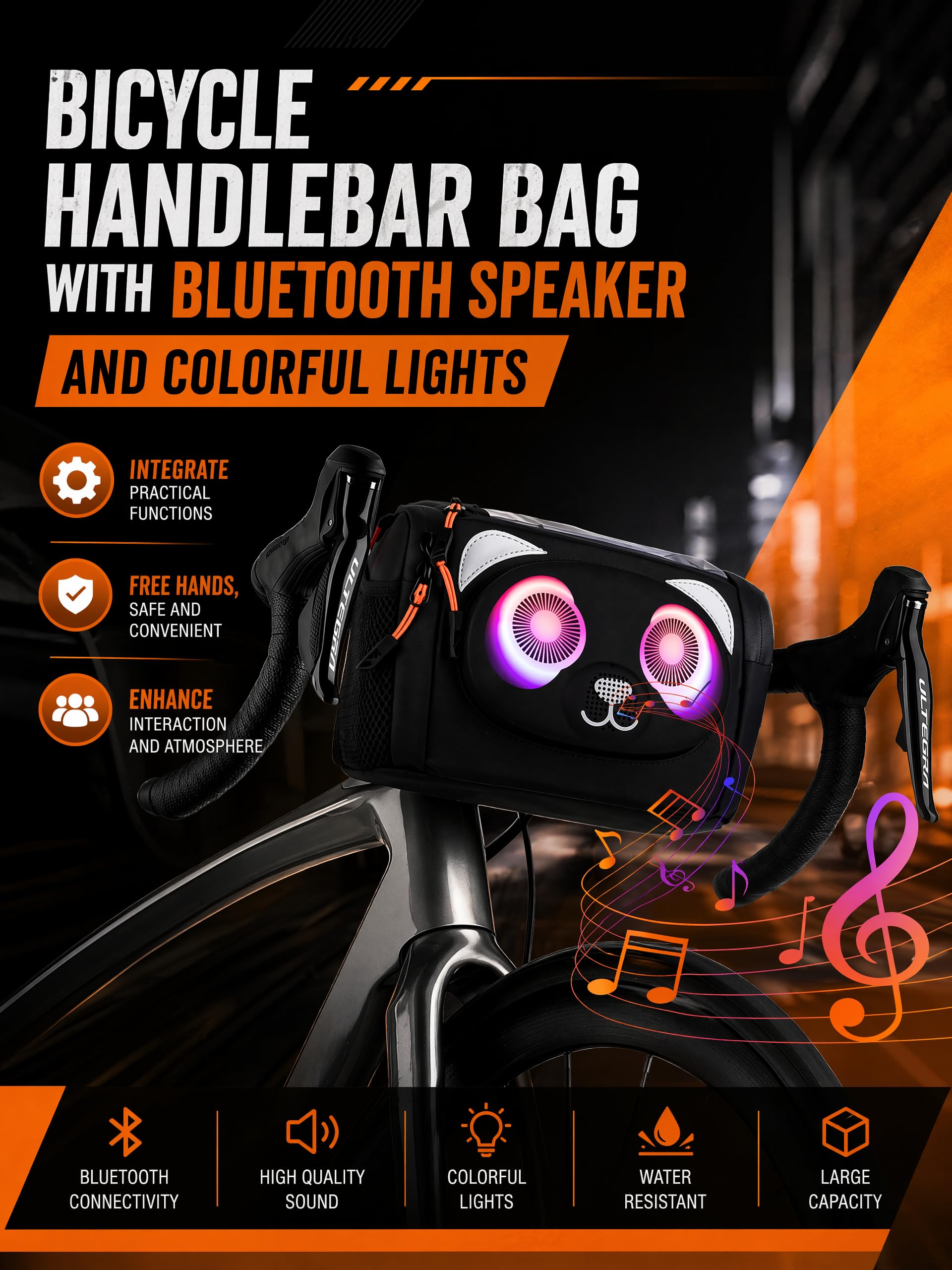 Sacoche Velo 6L avec Fonction Audio, Sac de Guidon de vélo avec écran Tactile Avant et bandoulière Amovible pour Tous Les téléphones avec Effets Lumineux colorés, étanche