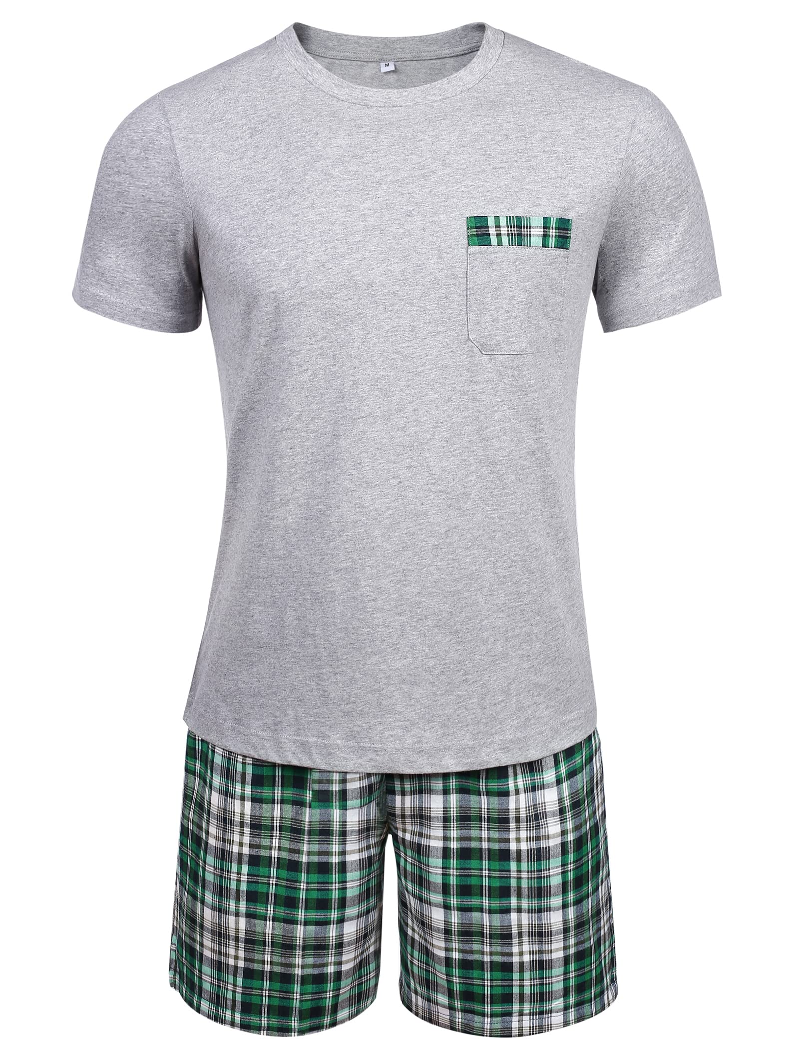 Winovia Schlafanzug Herren Kurz Pyjama Set aus Baumwolle Kurzarm Nachtwäsche mit Karierter Hose und Brusttasche Sommer Hausanzug Männer Geschenk