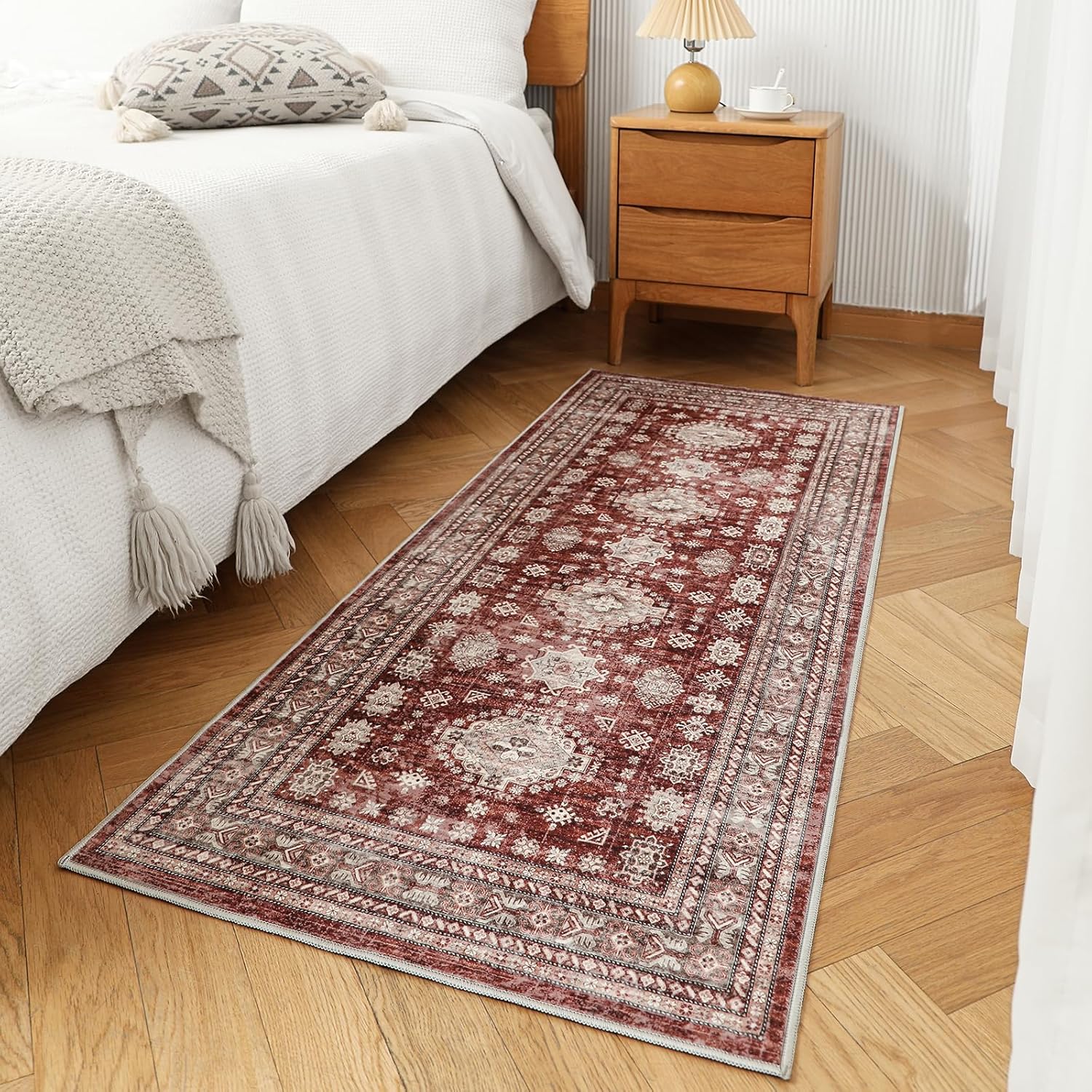 2x6 Runner Rug Non Slip Washable Carpet with Rubber Backing Soft Floral Boho Runner for Hallways, Kitchen, Laundry, Bedroom, Burgundy