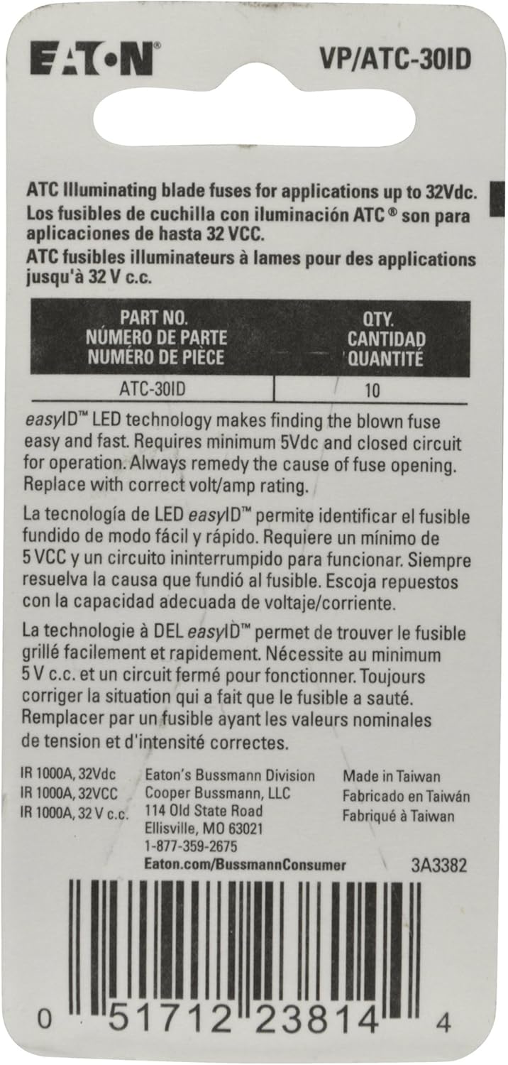 Bussmann VP/ATC-30ID easyID Illuminating Blade Fuse, (Pack of 10)