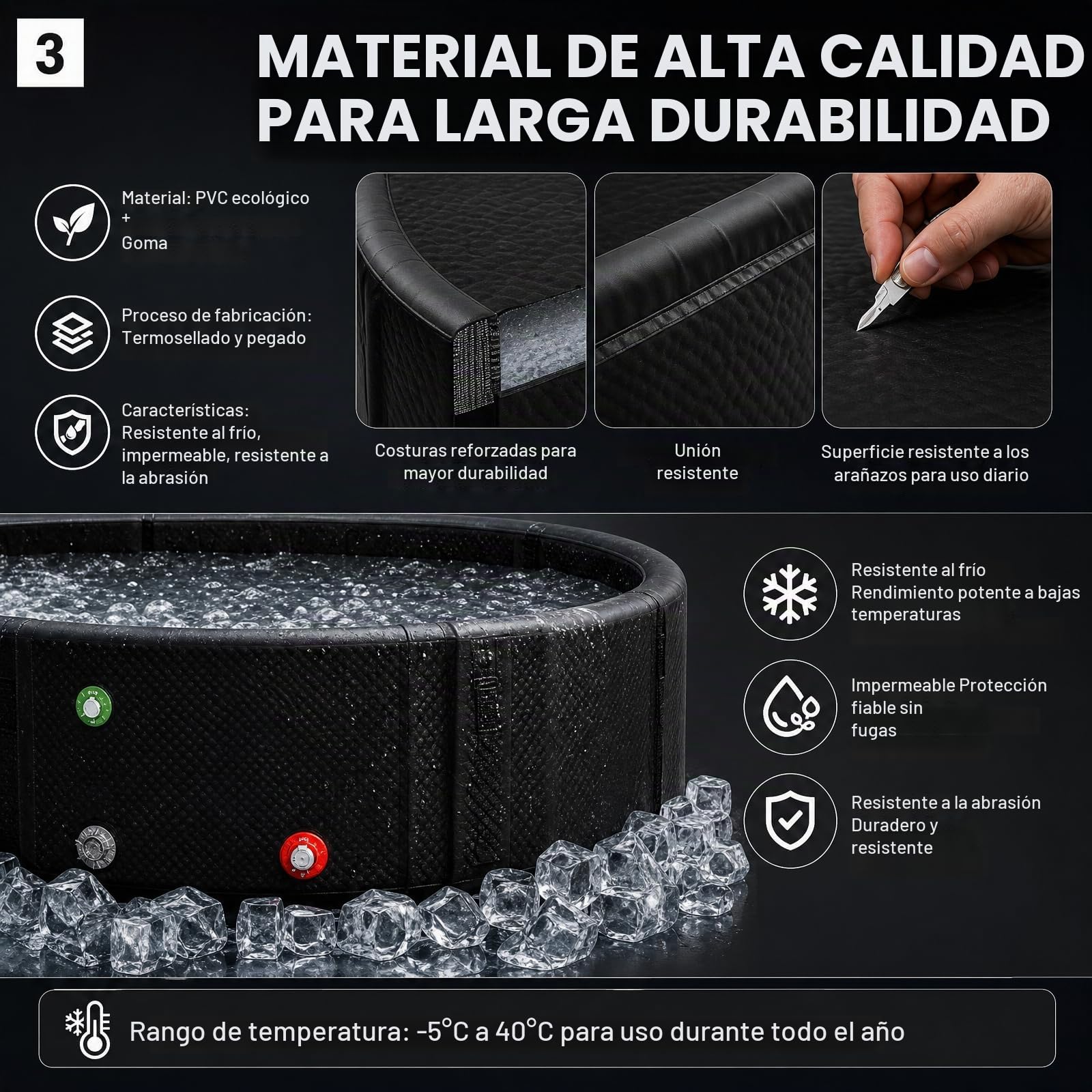 Bañera profesional para adultos con tapa y bomba inflable, cubo de hielo inflable, bañera plegable para interior y exterior, terapia fría, recuperación, 132 x 70 x 62 cm