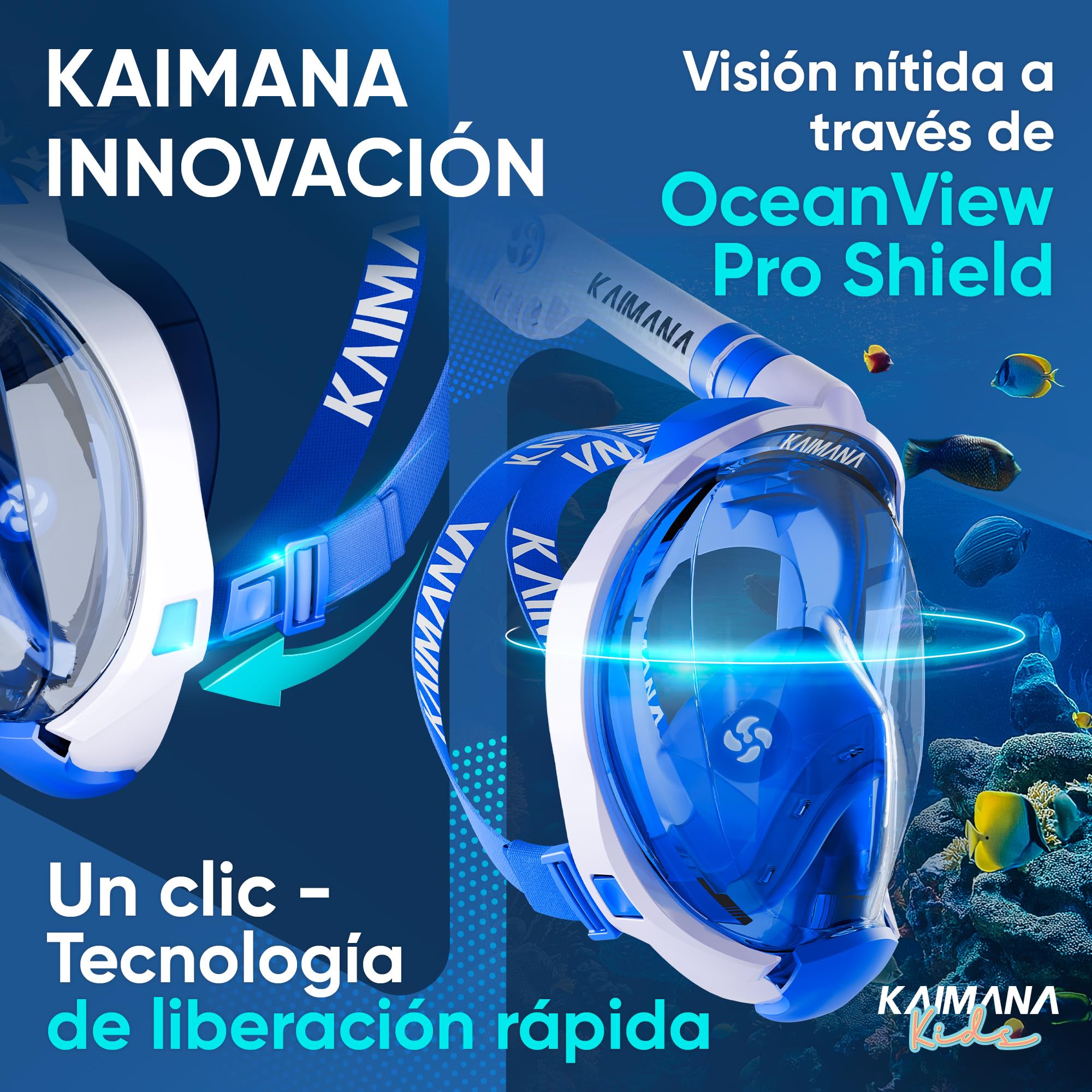 KAIMANA® Máscara Snorkel Niño Integral – Máscara Buceo Niño Full Face 4-10 Años con Sistema CO₂-Safe, Anti-Vaho y Anti-Filtraciones – Incluye Bolsa de Transporte