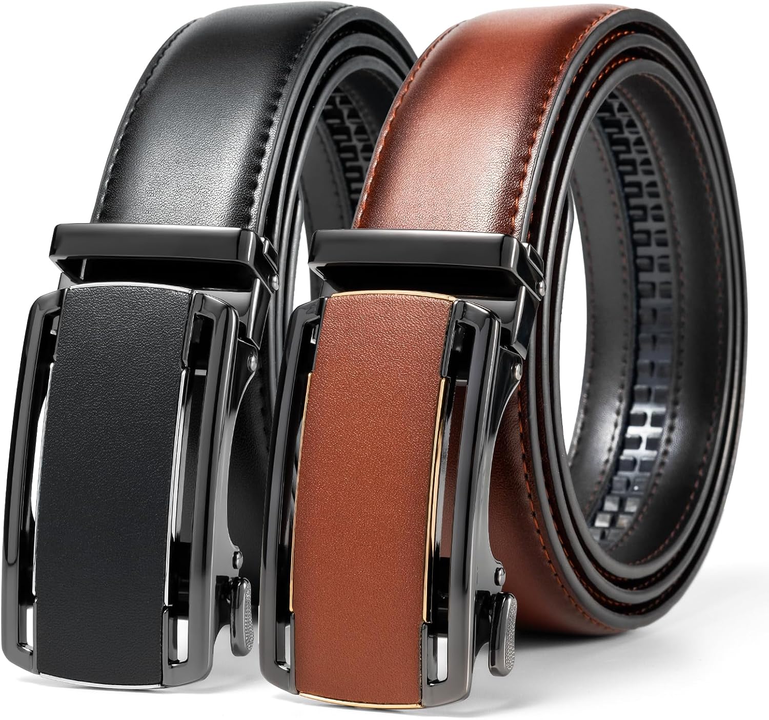 maikun 2 Pack Ratchet Belt for Men, Click Leather Dress Belt for Men