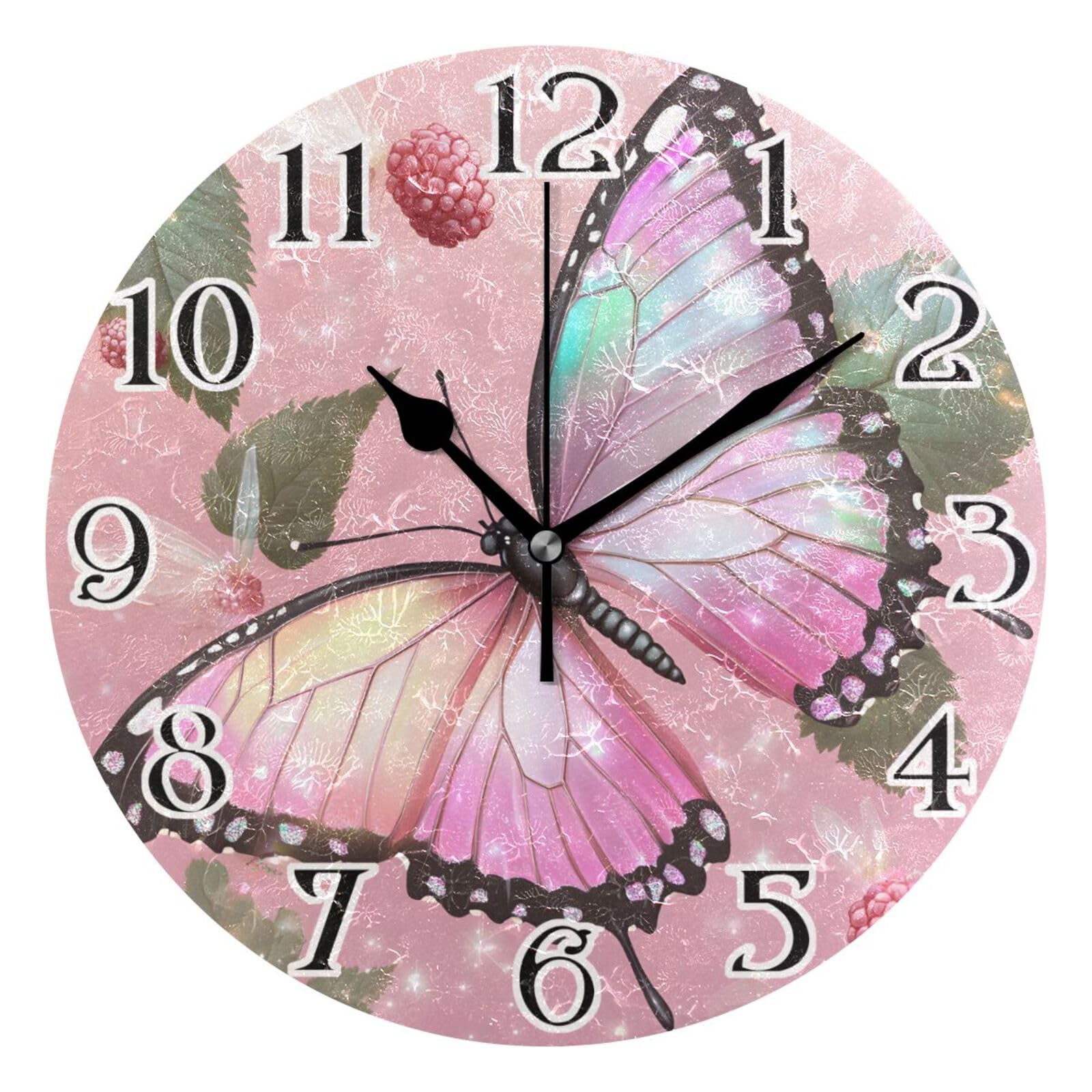 Mnsruu Pink Butterfly Butterflies Clock Wall Clock for Living Room Silent Non-Ticking Round Clock 25cm Easy to Read Clocks Kitchen Home Decorative