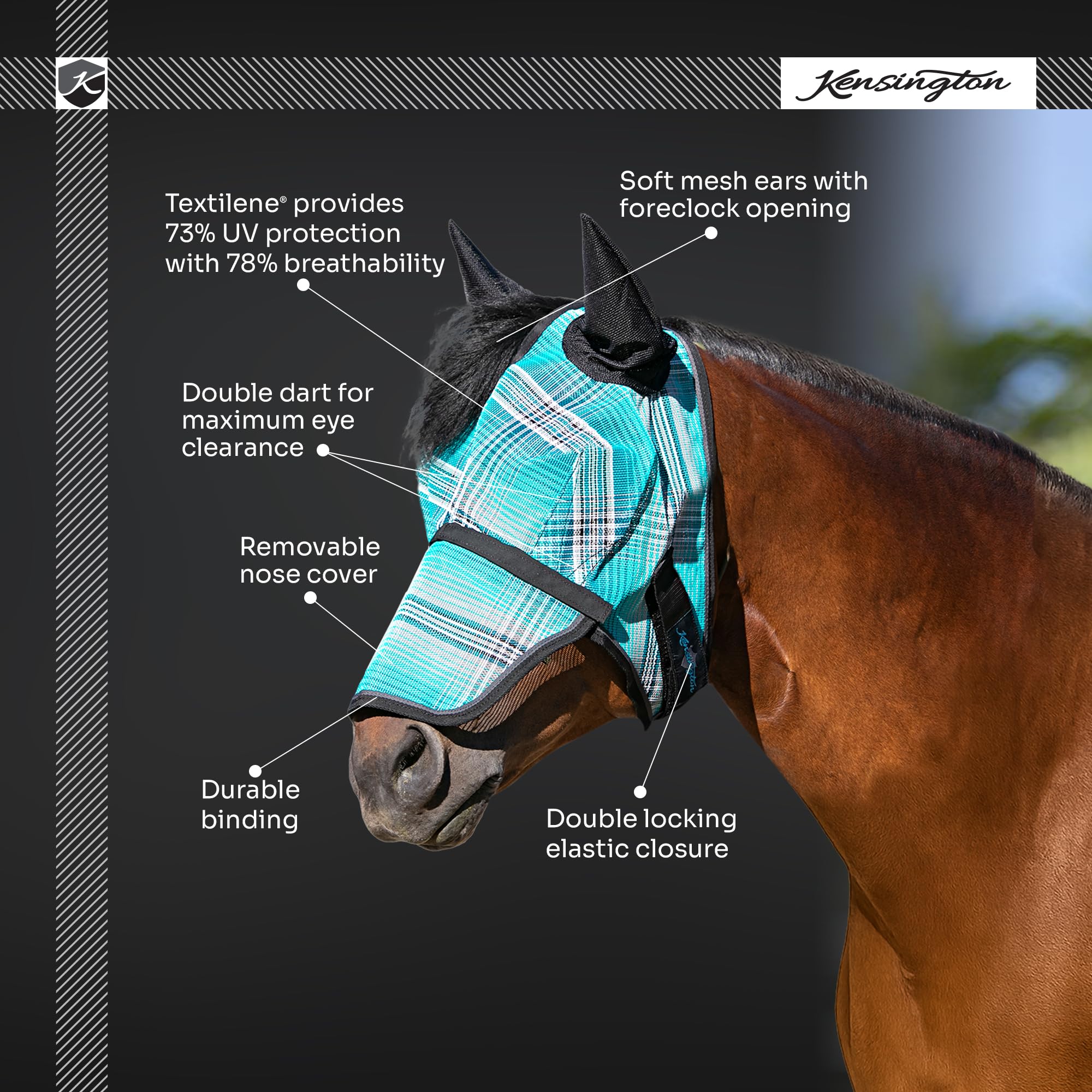 Kensington Signature - Máscara antimoscas con nariz extraíble, orejas de malla suave y apertura del antebloqueo, tamaño: XL-Lrg. Color del caballo: 500 - Arena del desierto