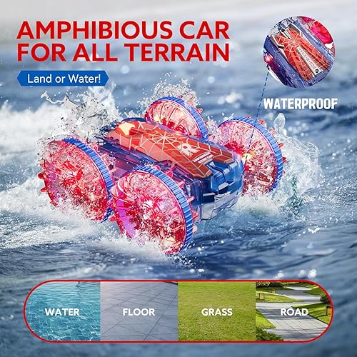 Miniatura 3 de Coches RC impermeables para niños con luces LED, auto a control remoto para niños de 4 a 7 años, 8 a 12 y 4 a 8 años, anfibio 4WD Stunt Car Piscina