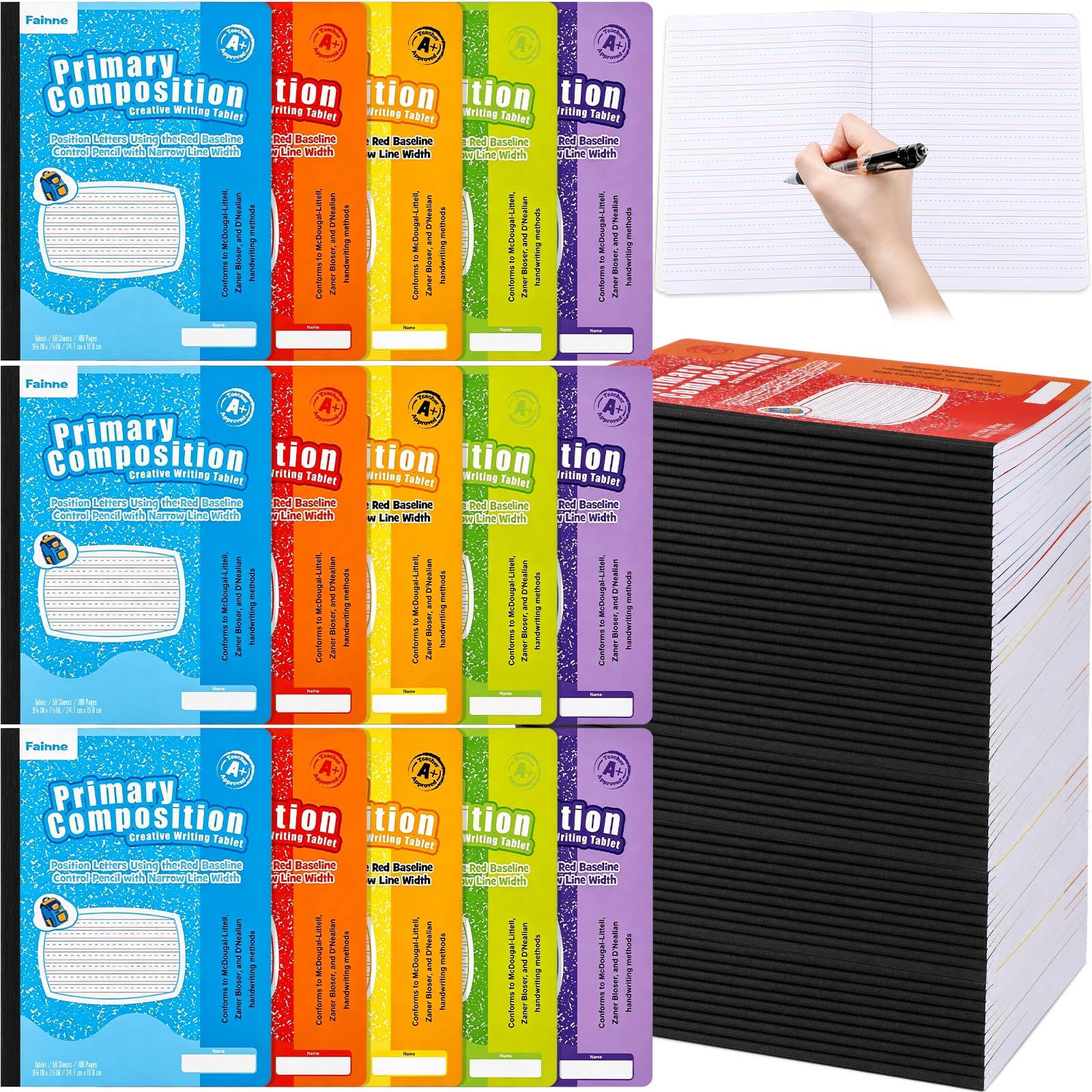 Fainne Confezione da 36 quaderni per composizione primaria a righe K-2, con copertina rigida, 9,75 x 7,5 cm, a righe complete, 100 pagine/50 fogli, per rientro a scuola, aula e ufficio (colorato)