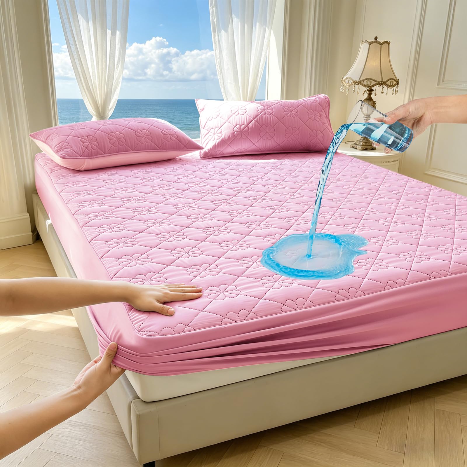 HUAXITRA Waterproof Mattress Protector Double Bed, 4 Layer Double Mattress Protector with 30CM Extra Deep Skirt, Super Absorbent Washable Anti Allergy Breathable Mattress Bed Sheet Covers (135x190cm)