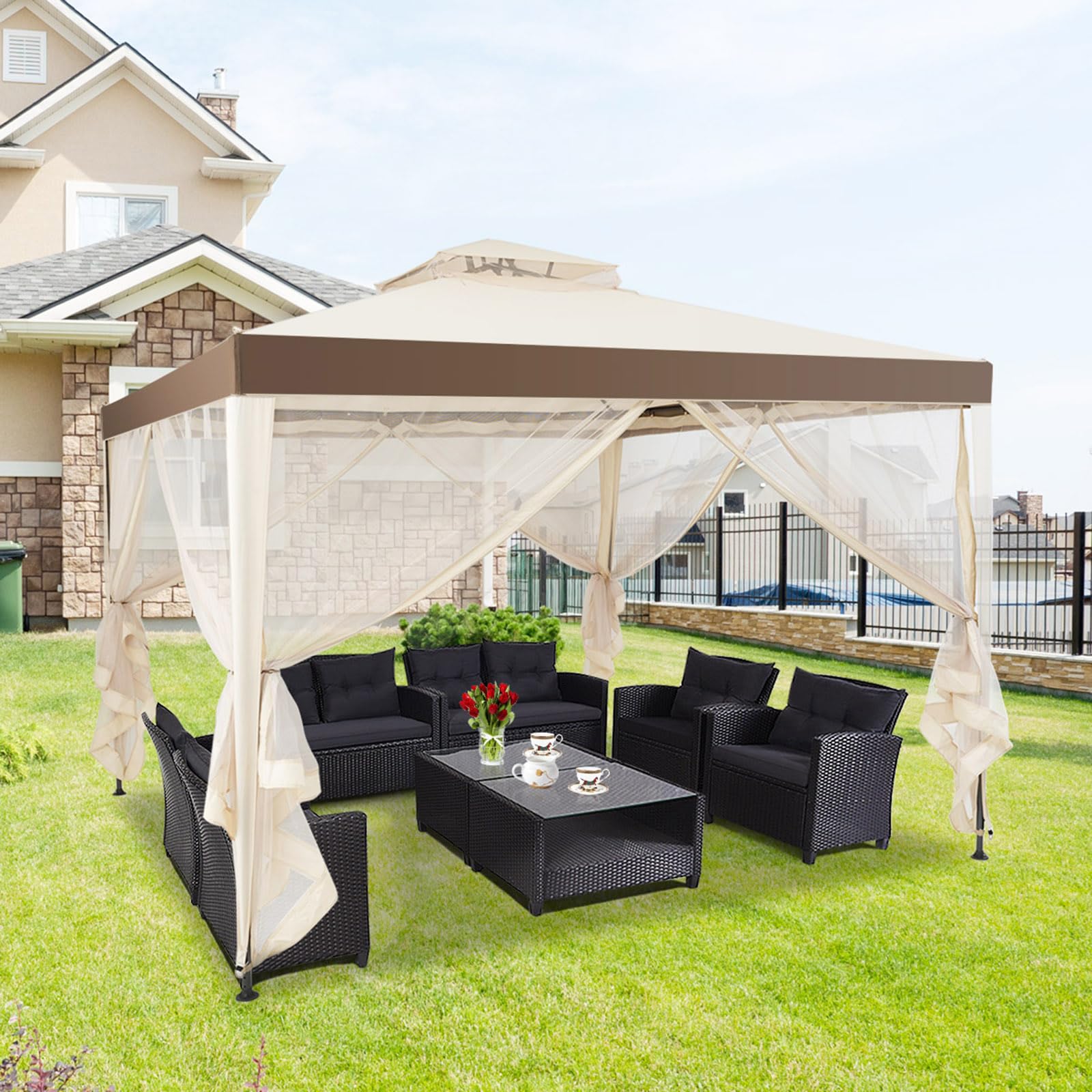 COSTWAY Gazebo da Giardino 3 x 3 m, Gazebo da Esterno con Zanzariera, Doppio Tettuccio e 4 Tendine Poliestere Laterali, Impermeabile, Struttura in Metallo, per Giardino, Patio e Cortile (Beige)
