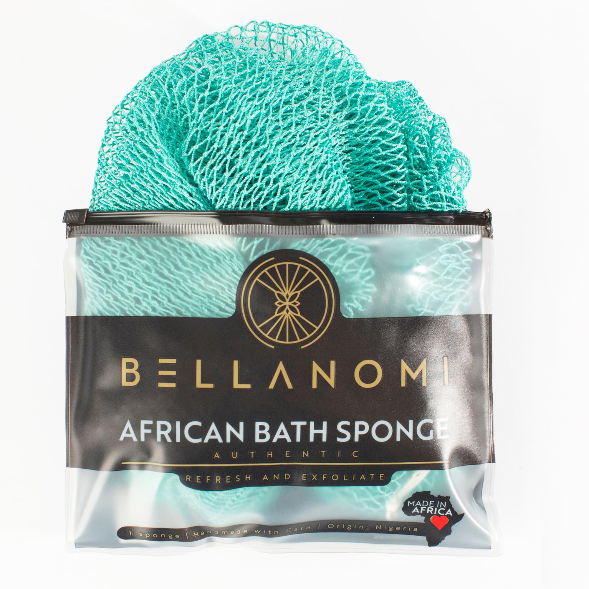 BELLANOMI African Exfoliating Net Sponge, Authentic, Ethically sourced from Nigeria, 45 inches Long, Back Scrubber for Daily use (Seafoam)