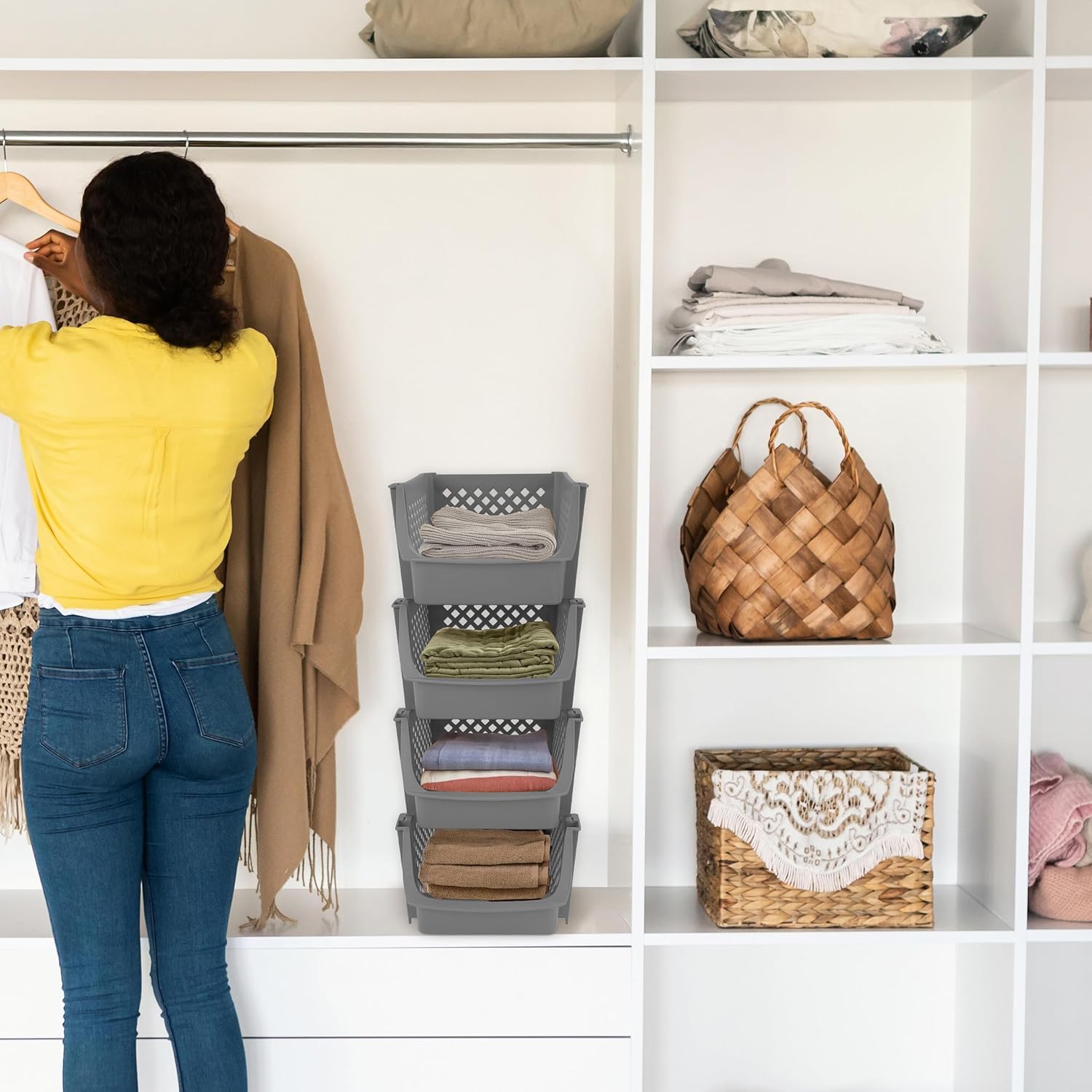 Stackable Plastic Bins - 4pc Gray Large Plastic Stackable Storage Bins 28in Tall Organizer for Home and Kitchen
