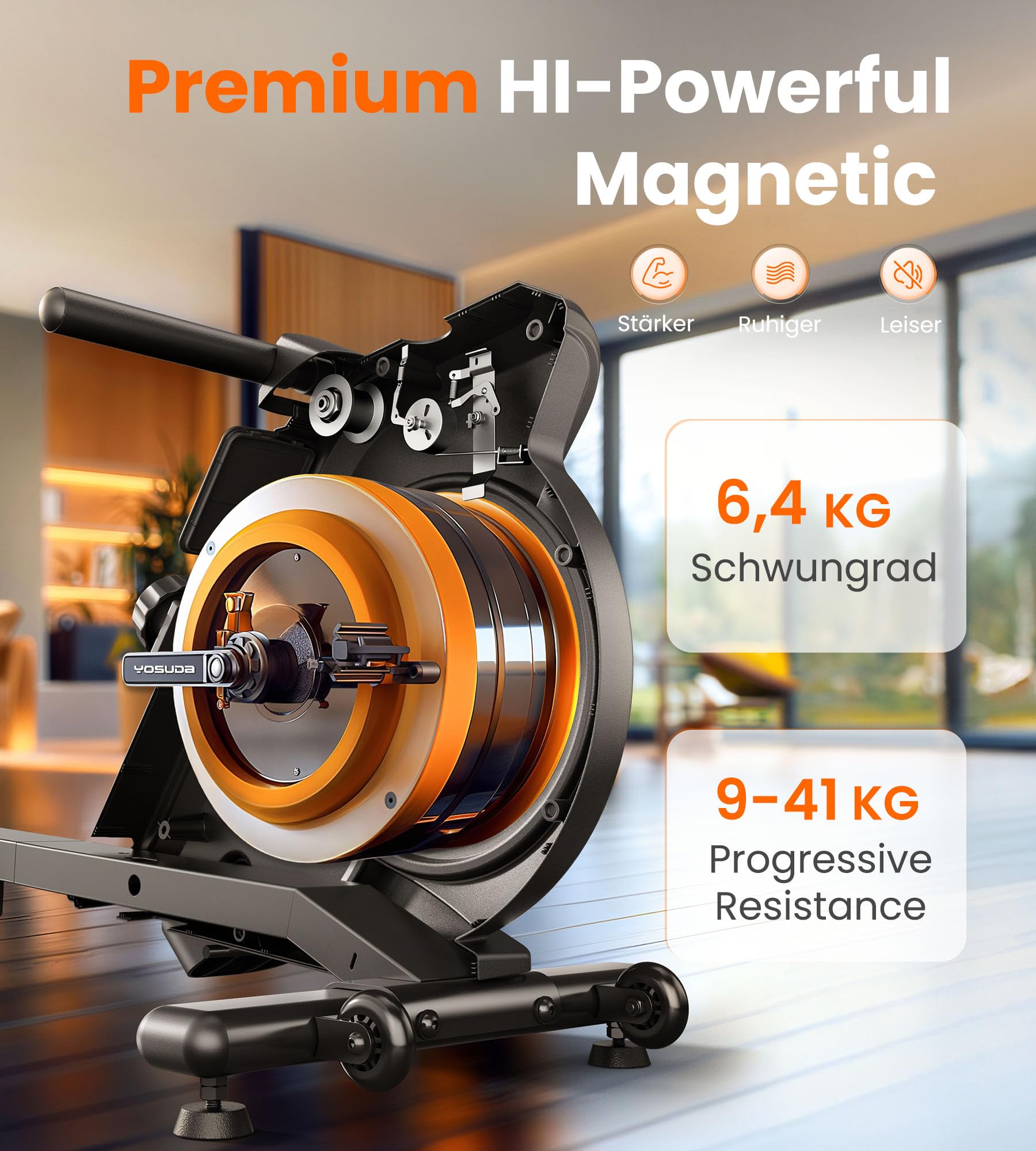 YOSUDA Upgrade Rudergerät für Zuhause, 16-stufiges HIGH-Power Magnetwiderstand (bis 41kg), APP & Bluetooth für Interaktive Workouts, Geräuschlos, Bis 160 kg, Platzsparend faltbar, Rowing Machine