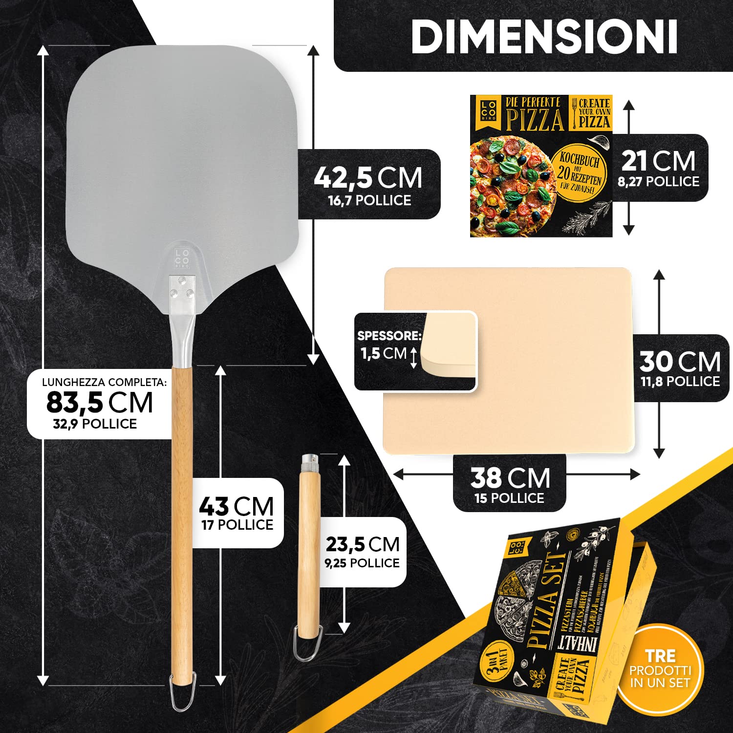 Loco Bird, pietra per pizza forno e barbecue a gas, con pala set da 3 pezzi, rettangolare in cordierite, pizze gustose come fatte Italia, libro di ricette (lingua italiana non garantita