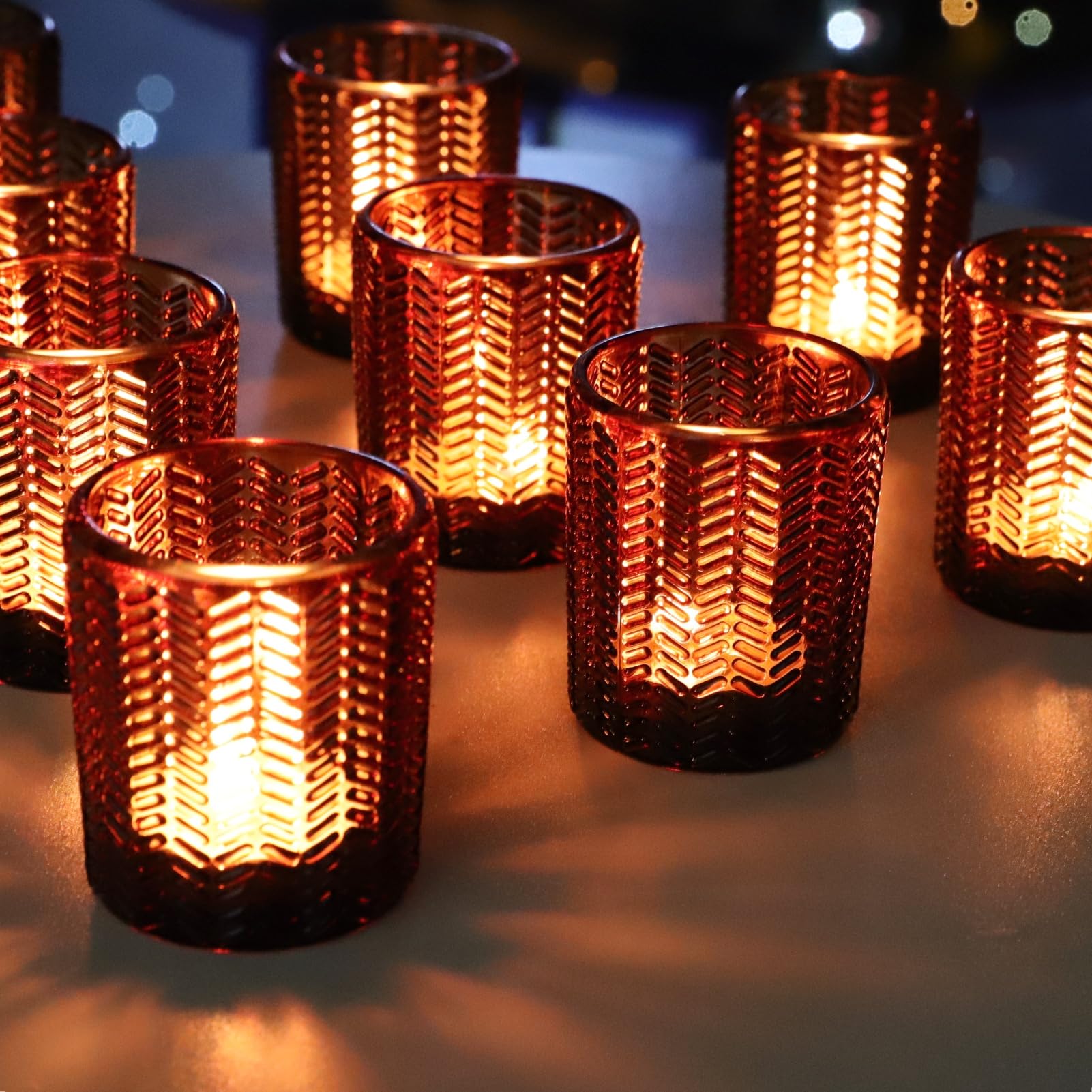 Vohocandle Brown Tea Light Holders Set Of 12, Wheat Tealight Holders Glass For Autumn Decor, Amber Tea Light Candle Holders Glass For Home Decor, Christmas, Thanksgiving Decor (5.5 W × 6.5 H Cm)