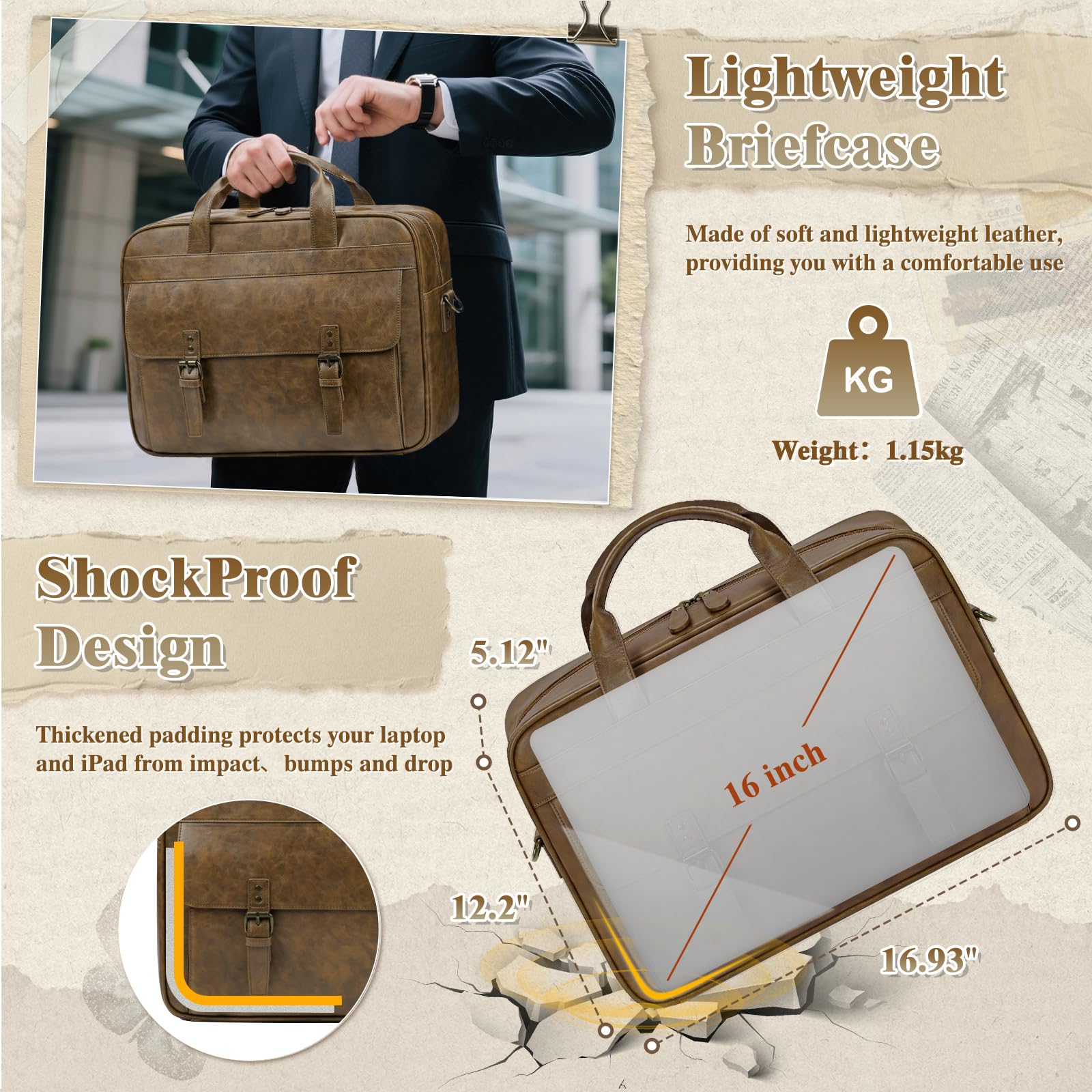 RAINSMORE Borsa messenger da uomo in pelle vintage da 17 pollici