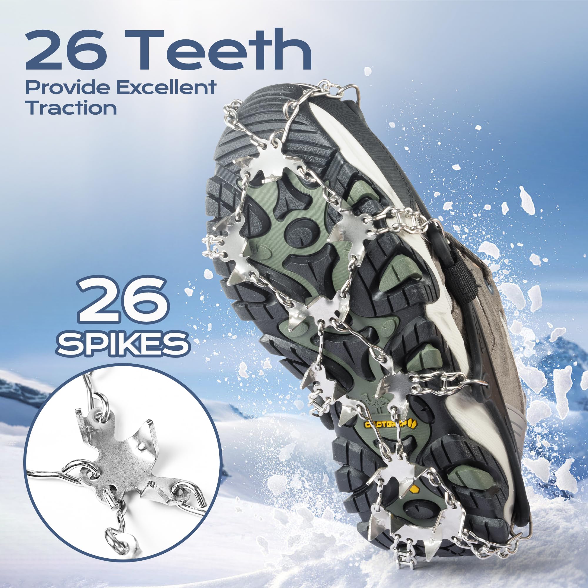 Chumix Ramponi per Scarponi, 26 Denti 201 Catene in Acciaio Inossidabile Portatile Ramponcini, Leggeri Ramponi da Ghiaccio Protezione Sicura, per Camminare, Jogging, Pesca, Camp