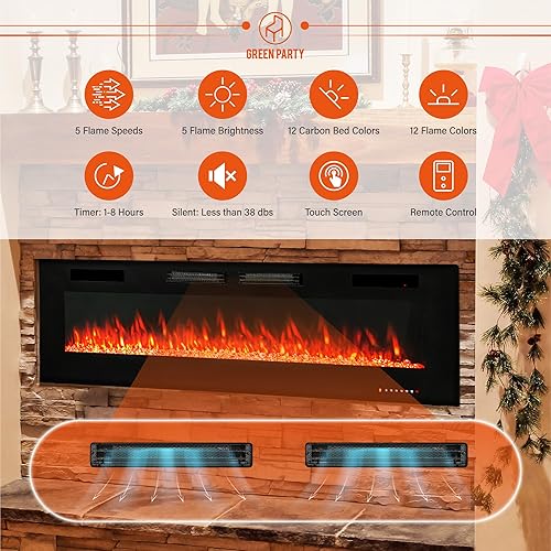 Miniatura 2 de GREEN PARTY Chimenea eléctrica de 72 pulgadas, empotradamontada en la pared, ultrafina, calentador de chimenea lineal de bajo ruido con control