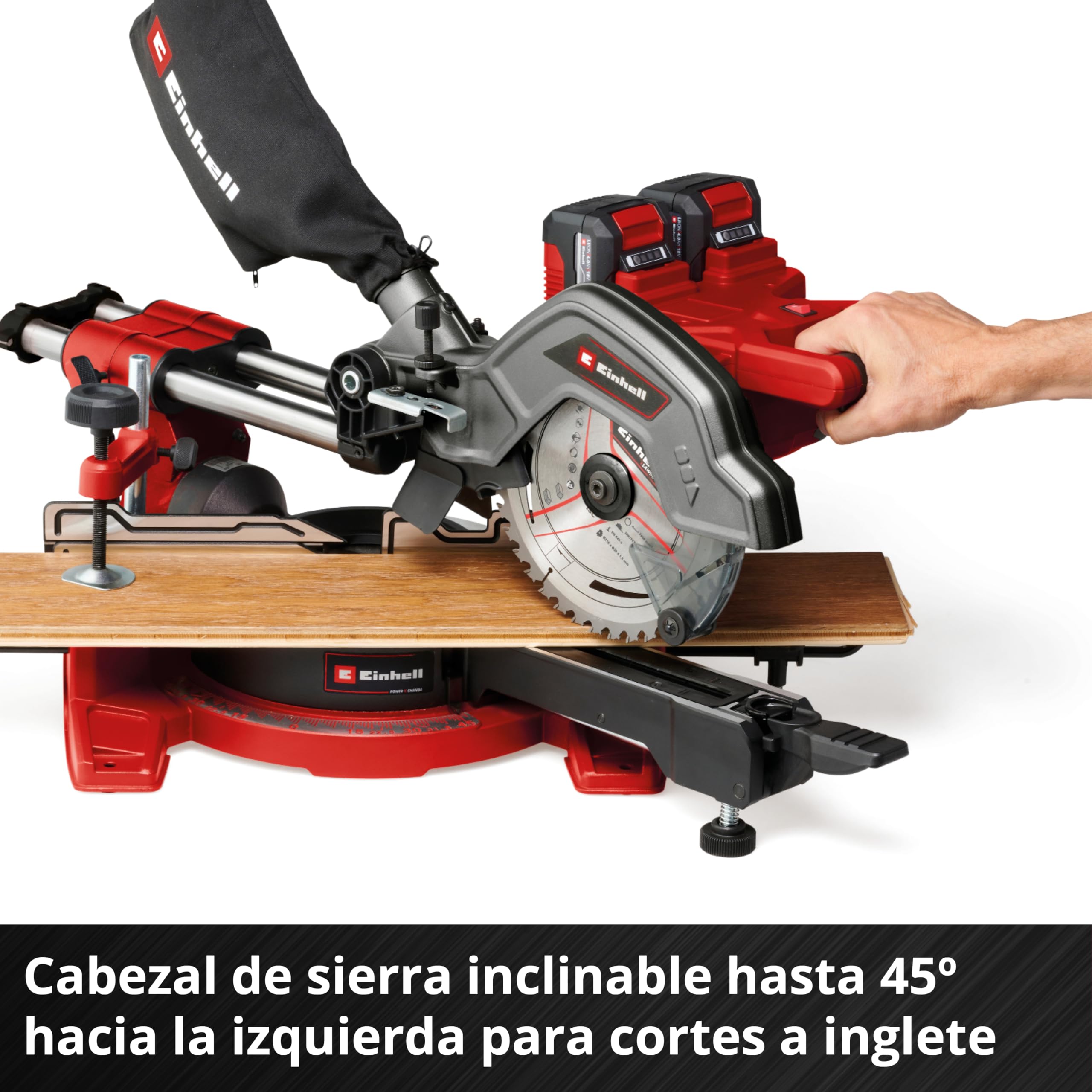 Sierra de tracción, vaivén e inglete con batería TE-SM 36/8 L Li-Solo Power X-Change de Einhell (36V, hoja de sierra Ø 216, mesa giratoria, función de tracción, láser de línea de corte, sin batería)