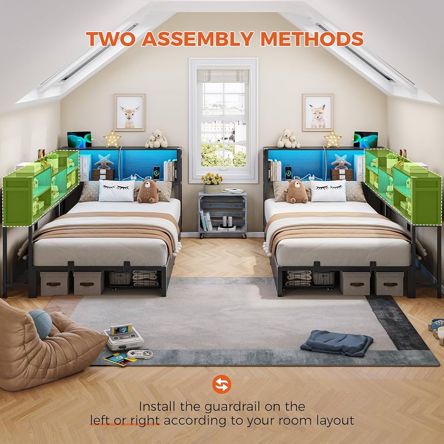 【tak】ベッド Amazon.com: DICTAC Corner Bed Frame with Bookcase Storage